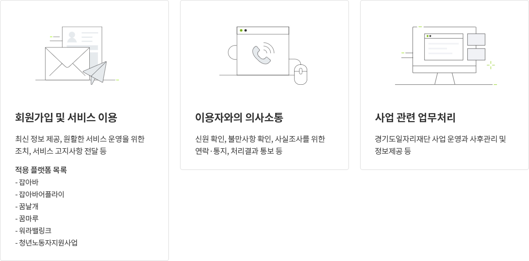 1. 회원가입 - 최신 정보 제공, 원활한 서비스 운영을 위한 조치, 서비스 고지사항 전달 등. 적용 플랫폼 목록 잡아바, 잡아바어플라이, 꿈날개, 꿈마루, 워라밸링크, 청년노동자지원사업. 2. 이용자와의 의사소통 -  신원 확인, 불만사항 확인, 사실조사를 위한 연락·통지, 처리결과 통보 등. 3. 사업 관련 업무처리 -	경기도일자리재단 사업 운영과 사후관리 및 
															정보제공 등