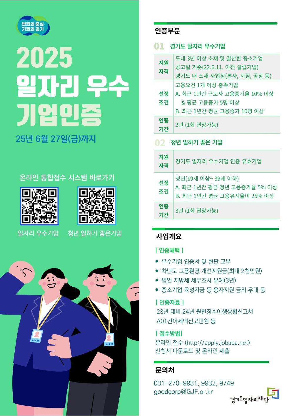 변화의 중심, 기회의 경기 2025 일자리 우수기업 인증 25년 6월 27일(금)까지 온라인 통합접수 시스템 바로가기 [QR 코드] 일자리 우수기업 [QR 코드] 청년 일하기 좋은 기업 신청 부문 01 경기도 일자리 우수기업 대상: 도내 고용 및 매출이 증가한 중소기업 지원 기준: 2011.11.26 이전 설립기업 경기도 내 사업장(본사, 지점 등) 1개 이상 기업 선정 조건: A. 최근 1년간 연평균 총고용 증가율 10% 이상 B. 최근 1년간 연평균 청년고용 증가율 5% 이상 인증 기간: 2년 (1년 연장 가능) 02 청년 일하기 좋은 기업 지원 자격: 경기도 일자리 우수기업 인증 유효기업 선정 조건: 청년 (만 19세 이상 ~ 39세 이하): A. 최근 1년간 연평균 청년고용 증가율 5% 이상 B. 최근 1년간 연평균 청년고용률 25% 이상 인증 기간: 3년 (1년 연장 가능) 사업 개요 | 인증 혜택 | 우수기업 인증서 및 현판 교부 차년도 고용환경 개선지원자금 (최대 2천만원) (3년) 도 법인 지방세 세무조사 유예 (3년) 중소기업 육성자금 등 융자지원 금리 우대 등 | 제출 자료 | 24년 대비 24년 원천징수이행상황신고서 A01 갑근세액신고인원 등 | 접수 방법 | 온라인 접수 (http://apply.jobaba.net) 신청서 다운로드 및 온라인 제출 문의처 031-270-9931, 9932, 9749 goodcorp@GJF.or.kr 경기도일자리재단