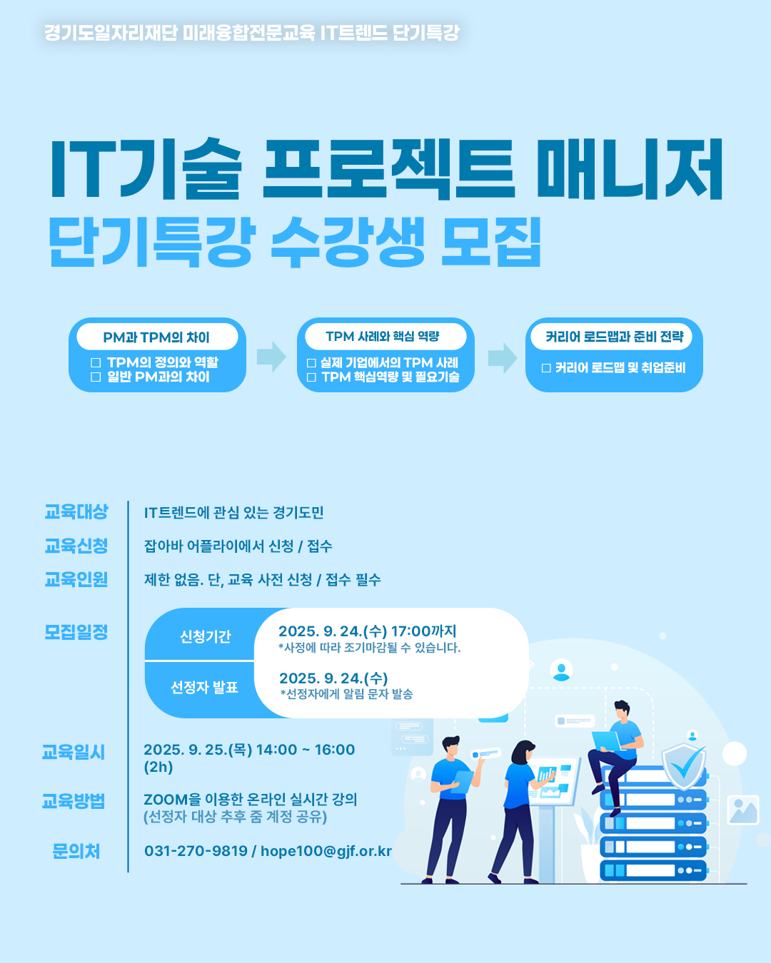 경기도일자리재단 IT트렌드 단기특강 IT 기술 프로젝트 매니저(TPM) 단기특강 수강생 모집  교육 내용  PM과 TPM의 차이: TPM의 정의와 역할, 일반 PM과의 차이  TPM 사례와 핵심 역량: 실제 기업에서의 TPM 사례, 핵심역량 및 필요기술  커리어 로드맵과 준비 전략: 커리어 로드맵 및 취업준비  교육대상: IT트렌드에 관심 있는 경기도민  교육신청: 잡아바 어플라이에서 온라인 신청  교육인원: 제한 없음 (단, 사전 신청 필수)  모집일정:  신청기간: 2025년 9월 24일(수) 17:00까지 (조기 마감될 수 있음)  선정자 발표: 2025년 9월 24일(수) (선정자에게 알림 문자 발송)  교육일시: 2025년 9월 25일(목) 14:00 ~ 16:00 (2시간)  교육방법: ZOOM을 이용한 온라인 실시간 강의 (선정자에게 추후 링크 공유)  문의처: 031-270-9819 / hope100@gif.or.kr