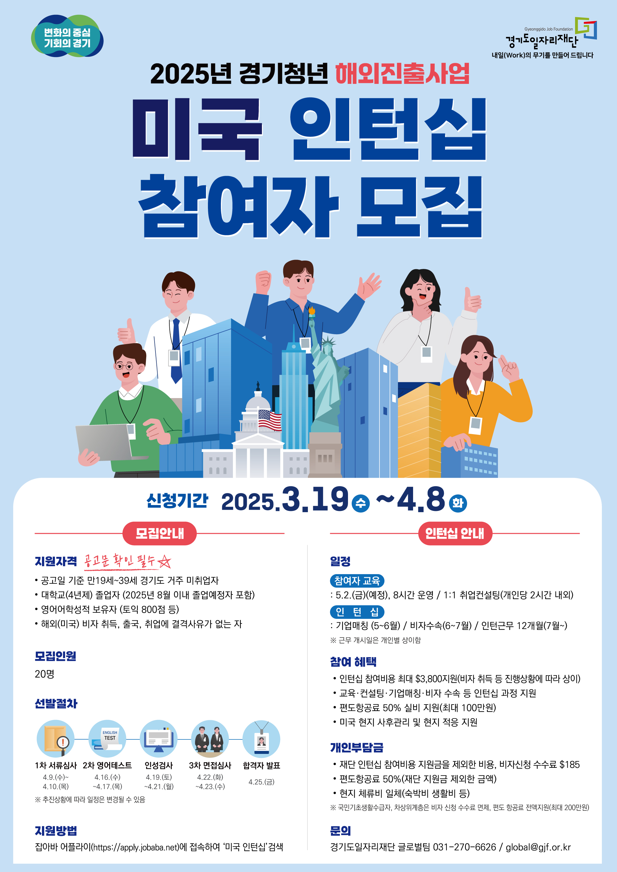  변화의 중심 기회의 경기 Gyeonggido Job Foundation 경기도일자리재단 2025년 경기청년 해외진출사업 미국 인턴십 참여자 모집 신청기간 2025.3.19~4.80 모집안내 지원자격 공고문 확인 필수☆ 공고일 기준 만19세~39세 경기도 거주 미취업자 대학교(4년제) 졸업자 (2025년 8월 이내 졸업예정자 포함) 영어어학성적 보유자 (토익 800점 등) 해외(미국) 비자 취득, 출국, 취업에 결격사유가 없는 자 모집인원 20명  일정 선발절차 1차 서류심사 → 4.9.(수) ~ 4.10.(목) 2차 영어테스트 → 4.16.(수)~4.17.(목) 인성검사 → 4.19.(토)~4.21.(월) 3차 면접심사 → 4.22.(화)~4.23.(수) 합격자 발표 4.25.(금) 지원방법 잡아바 어플라이 (https://apply.jobaba.net) → "미국 인턴십" 검색 인턴십안내 일정 참여자 교육 : 5.2.(금)(예정), 8시간 운영 / 1:1 취업컨설팅(개인당 2시간 내외) 인턴십 : 기업매칭 (5~6월) / 비자수속(6~7월) / 인턴근무 12개월(7월~) ※ 근무 개시일은 개인별 상이함 참여 혜택 인턴십 참여비용 최대 $3,800지원(비자 취득 등 진행상황에 따라 상이) 교육·컨설팅·기업매칭·비자 수속 등 인턴십 과정 지원 편도항공료 50% 실비 지원(최대 100만원) 미국 현지 사후관리 및 현지 적응 지원 개인부담금 재단 인턴십 참여비용 지원금을 제외한 비용, 비자신청 수수료 $185 편도항공료 50% (재단 지원금 제외한 금액) 현지 체류비 일체(숙박비 생활비 등) ※ 국민기초생활수급자, 차상위계층은 비자 신청 수수료 면제, 편도 항공료 전액지원(최대 200만원) 문의 경기도일자리재단 글로벌팀 031-270-6626/global@gjf.or.kr