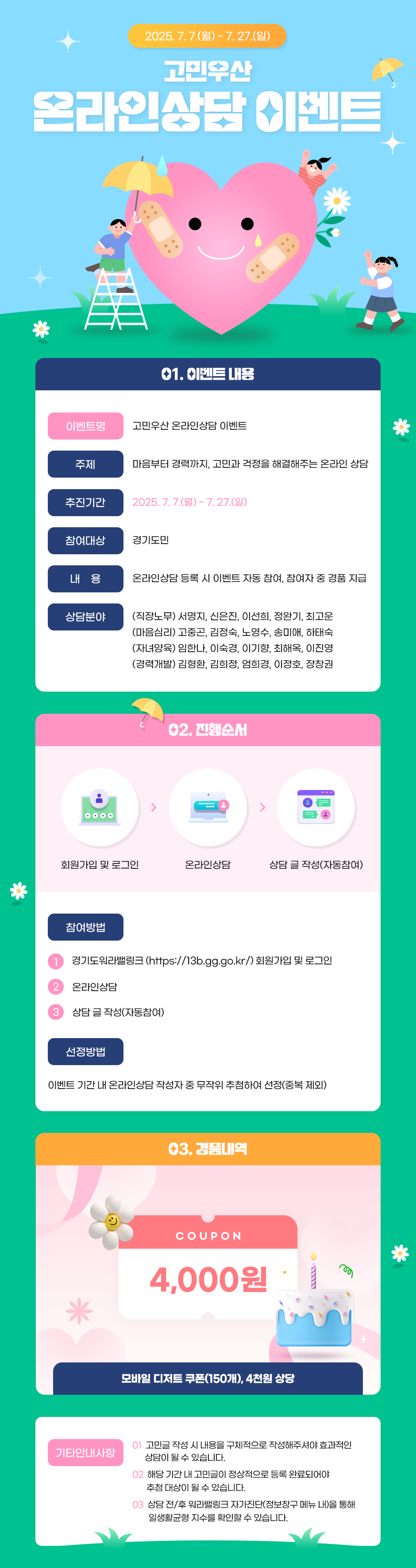 고민우산 고민우산 온라인상담 이벤트 Q1. 이벤트 안내 이벤트명: 고민우산 온라인상담 이벤트 고민우산 상담이란? : 취업 및 진로고민을 해결해주는 온라인 상담 참여대상: 경기도 거주 만 15세 ~ 34세 청년 모집인원: 00명 (선착순 마감) 상담분야: 이력서 및 자소서, 면접, 직무설정, 취업목표설정, 직업적성 및 흥미, 심리상담, 경력 및 이직, 기타 취업 관련 고민 Q2. 진행순서 회원가입 및 로그인 > 온라인상담 > 설문작성 및 쿠폰발송 참여방법: ① 경기도일자리재단 (https://job.go.kr) 회원가입 및 로그인 ② 고민우산 온라인상담 신청하기 ③ 설문 참여 및 쿠폰 받기 Q3. 참여자 전용혜택 COUPON 4,000원 모바일 마켓 쿠폰 (150명), 4천원 상당 참여 시 유의사항 모바일 마켓 쿠폰은 총 150명 선착순으로 지급됩니다. 본 이벤트는 조기 종료될 수 있습니다. 경기도일자리재단에서 진행하는 이벤트입니다.