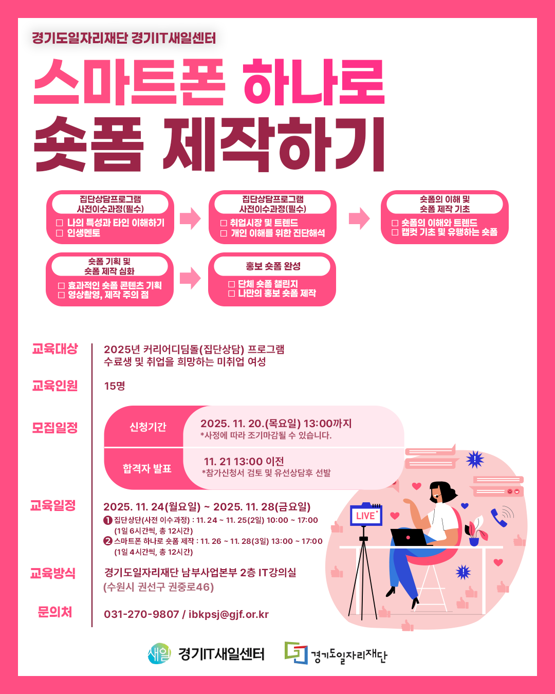 경기도일자리재단 경기IT새일센터 스마트폰 하나로 숏폼 제작하기  교육대상 2025년 커리어디딤돌(집단상담) 프로그램 수료생 및 취업을 희망하는 미취업 여성  교육인원 15명  모집일정  신청기간: 2025. 11. 20.(목요일) 13:00까지  사정에 따라 조기마감될 수 있습니다.  합격자 발표: 11. 21(금) 13:00 이전  참가신청서 검토 및 유선상담 후 선발  교육일정 2025. 11. 24(월요일) ~ 2025. 11. 28(금요일)  ① 집단상담(사전 이수과정): 11. 24(월) ~ 11. 25(화) 10:00 ~ 17:00 (총 12시간)  (내용: 나의 특성과 타인 이해하기, 인생멘토, 취업시장 및 트렌드, 개인 이해를 위한 진단해석)  ② 스마트폰 하나로 숏폼 제작: 11. 26(수) ~ 11. 28(금) 13:00 ~ 17:00 (총 12시간)  (내용: 숏폼의 이해와 트렌드, 캡컷 기초, 숏폼 콘텐츠 기획, 영상촬영 및 제작, 숏폼 챌린지 및 홍보 숏폼 완성)  교육방식 (장소) 경기도일자리재단 남부사업본부 2층 IT강의실 (수원시 권선구 권중로46)  문의처 031-270-9807 / ibkpsj@gif.or.kr