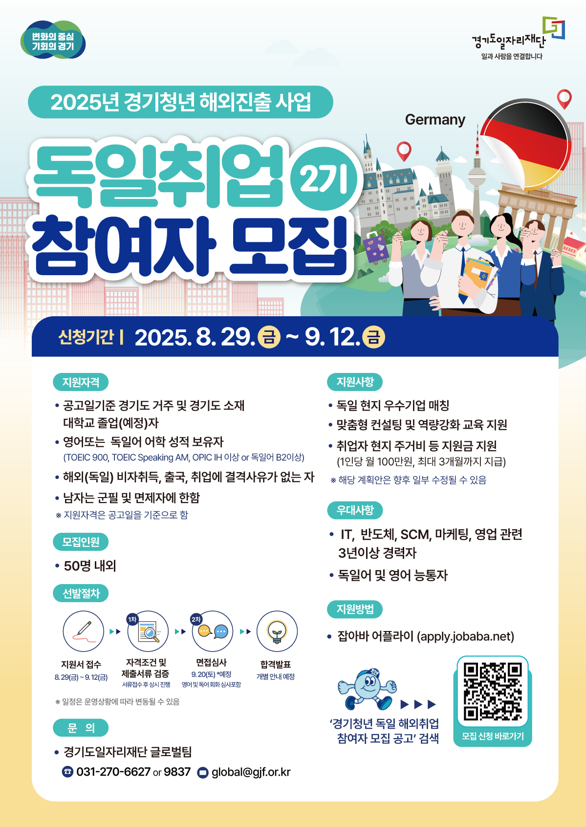2025년 경기청년 해외진출 사업: 독일취업 2기 참여자 모집  신청기간: 2025년 8월 29일(금) ~ 9월 12일(금)  모집인원: 50명 내외  지원자격:  공고일 기준 경기도 거주자 또는 경기도 소재 대학교 졸업(예정)자  영어 또는 독일어 어학 성적 보유자 (TOEIC 900점, TOEIC Speaking AM, OPIC IH 이상 또는 독일어 B2 이상)  독일 비자취득, 출국, 취업에 결격사유가 없는 자  남자는 군필 또는 면제자  우대사항:  IT, 반도체, SCM, 마케팅, 영업 관련 3년 이상 경력자  독일어 및 영어 능통자  지원사항:  독일 현지 우수기업 매칭  맞춤형 컨설팅 및 역량강화 교육 지원  취업자 현지 주거비 등 지원금 지원 (1인당 월 100만원, 최대 3개월) (해당 계획은 향후 일부 수정될 수 있습니다.)  선발절차:  지원서 접수 (8.29~9.12) → 자격조건 및 서류 검증 → 면접심사 (9.20 예정, 필기/어학 시험 포함) → 합격발표  지원방법:  잡아바 어플라이(apply.jobaba.net)에서 '경기청년 독일 해외취업' 검색 또는 QR코드 스캔  문의:  경기도일자리재단 글로벌팀  전화: 031-270-6627 또는 9837  이메일: global@gif.or.kr