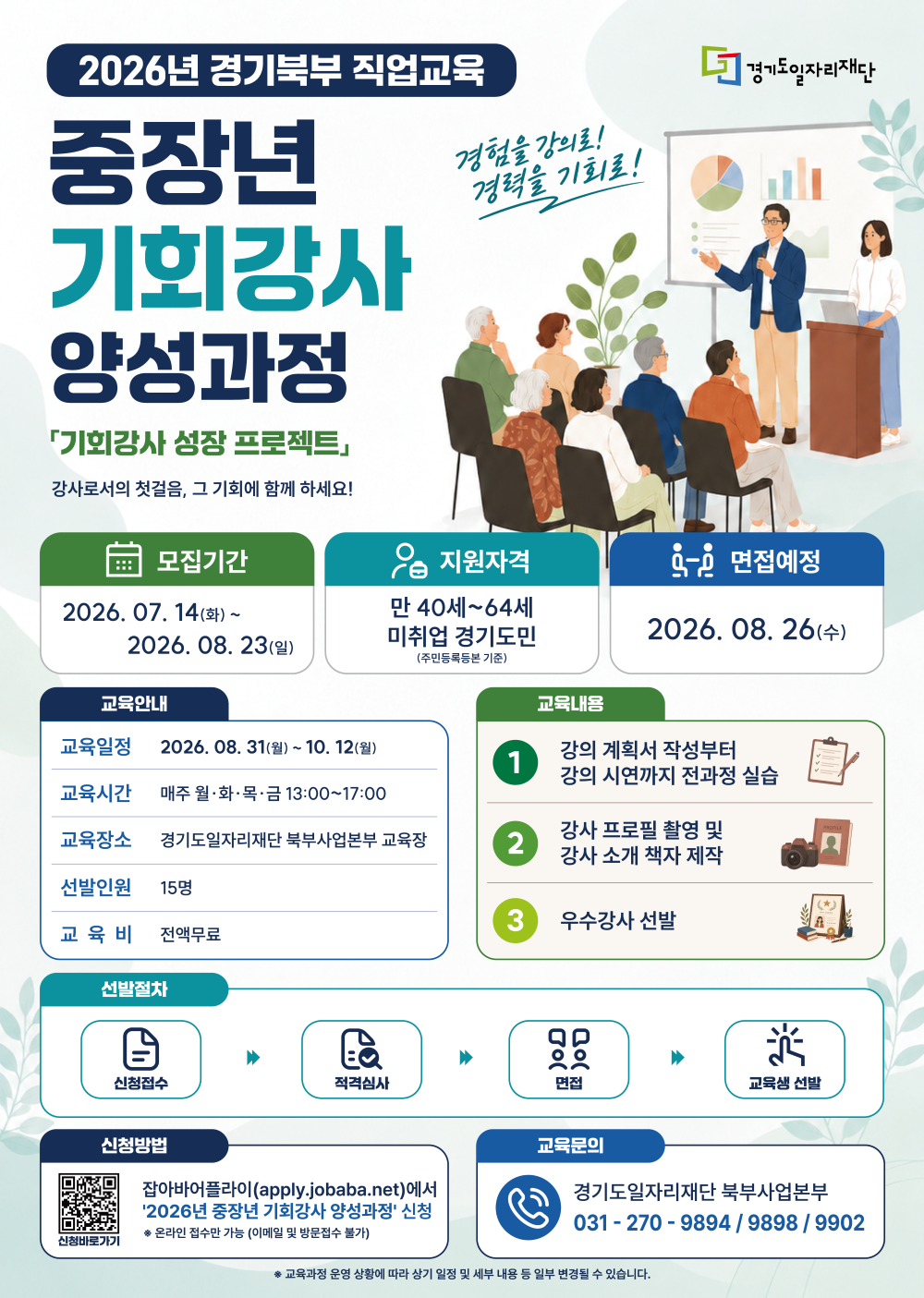 포스터 텍스트 전체 추출 결과입니다.  2026년 경기북부 직업교육 경기도일자리재단  중장년 기회강사 양성과정  「기회강사 성장 프로젝트」 강사로서의 첫걸음, 그 기회에 함께 하세요!  경험을 강의로! 경력을 기회로!  모집기간 2026. 07. 14(화) ~ 2026. 08. 23(일)  지원자격 만 40세~64세 미취업 경기도민 (주민등록등본 기준)  면접예정 2026. 08. 26(수)  교육안내 교육일정 : 2026. 08. 31(월) ~ 10. 12(월) 교육시간 : 매주 월·화·목·금 13:00~17:00 교육장소 : 경기도일자리재단 북부사업본부 교육장 선발인원 : 15명 교 육 비 : 전액무료  교육내용 1. 강의 계획서 작성부터 강의 시연까지 전과정 실습 2. 강사 프로필 촬영 및 강사 소개 책자 제작 3. 우수강사 선발  선발절차 신청접수 ▶ 적격심사 ▶ 면접 ▶ 교육생 선발  신청방법 잡아바어플라이(apply.jobaba.net)에서 '2026년 중장년 기회강사 양성과정' 신청 ※ 온라인 접수만 가능 (이메일 및 방문접수 불가) 신청바로가기  교육문의 경기도일자리재단 북부사업본부 031-270-9894 / 9898 / 9902  ※ 교육과정 운영 상황에 따라 상기 일정 및 세부 내용 등 일부 변경될 수 있습니다.