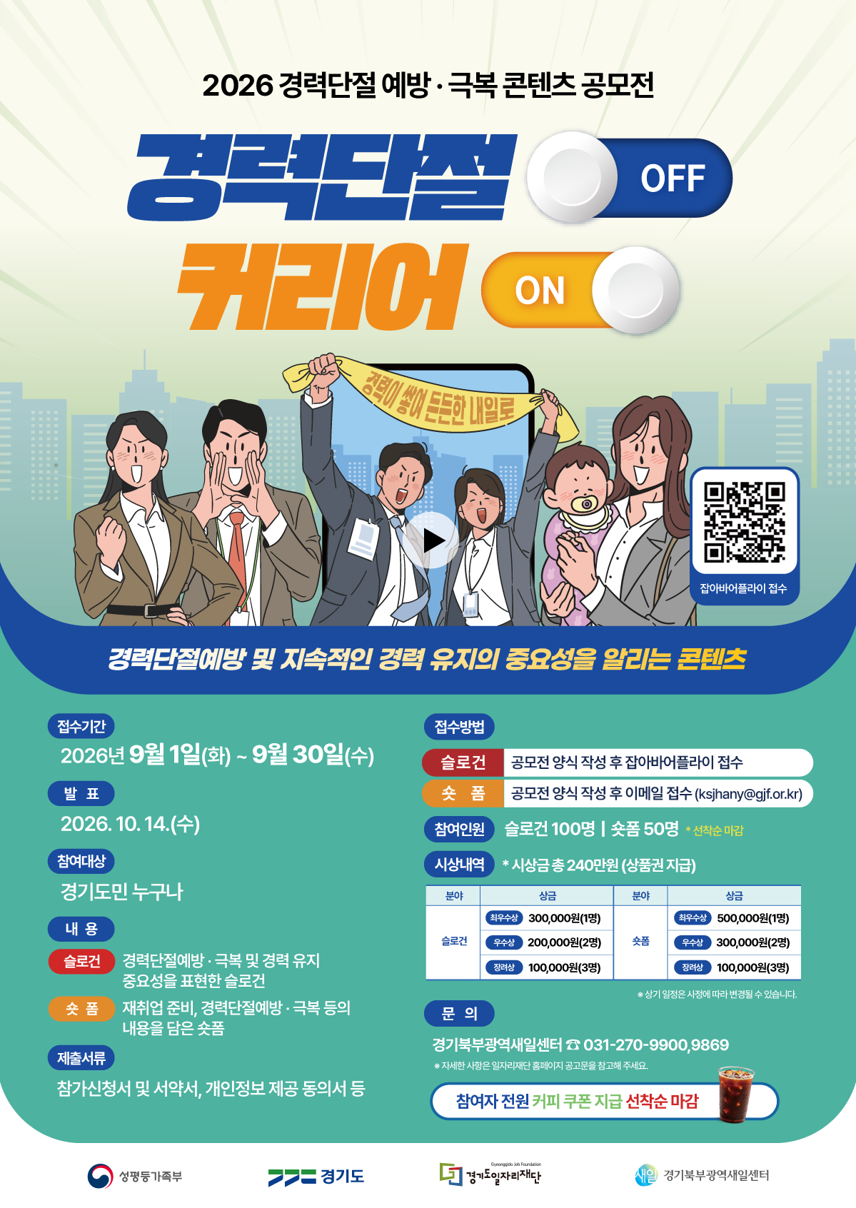 2026 경력단절 예방·극복 콘텐츠 공모전. 경력단절 OFF, 커리어 ON. 경력이 쌓인 든든한 내일로. [QR코드] 잡아바어플라이 접수(https://apply.jobaba.net/bsns/bsnsDetailView.do?bsnsSeq=5880) 경력단절예방 및 지속적인 경력 유지의 중요성을 알리는 콘텐츠. 접수기간 2026년 9월 1일(화) ~ 9월 30일(수) 발표 2026. 10. 14.(수) / 참여대상: 경기도민 누구나 / 내용 - 슬로건: 경력단절예방·극복 및 경력 유지 중요성을 표현한 슬로건, 숏폼: 재취업 준비, 경력단절예방·극복 등의 내용을 담은 숏폼 / 제출서류 참가신청서 및 서약서, 개인정보 제공 동의서 등 / 접수방법 - 슬로건: 공모전 양식 작성 후 잡아바어플라이 접수, 숏폼: 공모전 양식 작성 후 이메일 접수 (ksjhany@gjf.or.kr) / 참여인원 슬로건 100명 | 숏폼 50명 * 선착순 마감 / 시상내역 * 시상금 총 240만원 (상품권 지급) / 분야 슬로건 - 최우수상 300,000원(1명), 우수상 200,000원(2명), 장려상 100,000원(3명) / 분야 숏폼 - 최우수상 500,000원(1명), 우수상 300,000원(2명), 장려상 100,000원(3명) / ※ 상기 일정은 사정에 따라 변경될 수 있습니다. / 문의 경기북부광역새일센터 ☎ 031-270-9900, 9869 / ※ 자세한 사항은 일자리재단 홈페이지 공고문을 참고해 주세요. / 참여자 전원 커피 쿠폰 지급 선착순 마감 / 성평등가족부 / 경기도 / Gyeonggi-do Job Foundation 경기도일자리재단 / 경기북부광역새일센터