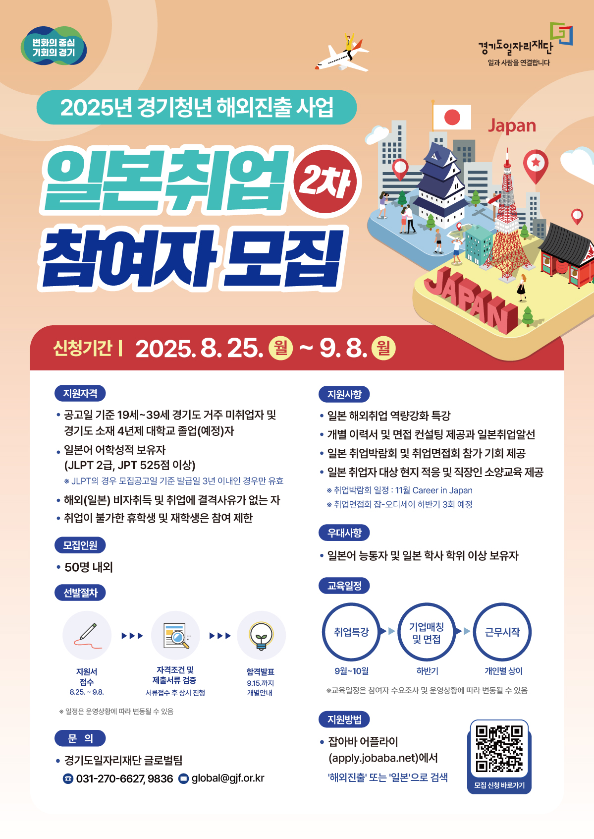 2025년 경기청년 해외진출 사업: 일본취업 2차 참여자 모집  신청기간: 2025년 8월 25일(월) ~ 9월 8일(월)  모집인원: 50명 내외  지원자격:  공고일 기준 만 19세~39세 경기도 거주 미취업자  경기도 소재 4년제 대학교 졸업(예정)자  일본어 어학성적 보유자 (JLPT 2급 또는 JPT 525점 이상)  해외(일본) 비자취득 및 취업에 결격사유가 없는 자  (취업이 불가능한 재학생 및 휴학생은 참여 제한)  우대사항: 일본어 능통자 및 일본 학사 학위 이상 보유자  지원사항:  일본 해외취업 역량강화 특강  개별 이력서 및 면접 컨설팅, 일본취업 알선  일본 취업박람회 및 취업면접회 참가 기회 제공  일본 취업자 대상 현지 적응 및 직장인 소양교육  선발절차: 지원서 접수(8.25~9.8) → 서류전형/인성검사 → 합격발표(9.12까지 개별안내)  교육일정: 9~10월(취업특강 및 면접), 하반기(기업매칭 및 면접) 후 개인별 근무 시작  지원방법: 잡아바 어플라이(apply.jobaba.net)에서 '해외진출' 또는 '일본'으로 검색 (포스터 내 QR코드 확인)  문의: 경기도일자리재단 글로벌팀 (031-270-6627, 9836 / global@gif.or.kr)
