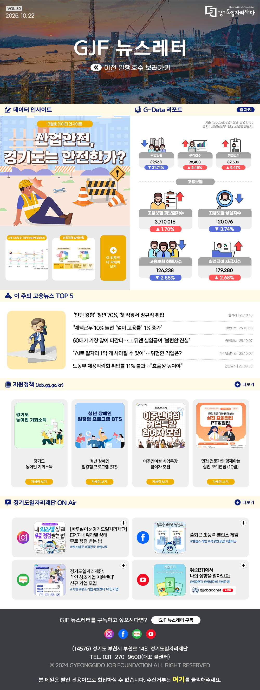 VOL.30 2025. 10. 22. GJF 뉴스레터 이전 발행호수 보러가기  데이터 인사이트 산업안전, 경기도는 안전한가?   G-Data 리포트 일자리 기준: 2025년 8월 (전년 동월 대비)  출처: 고용노동부 「EIS 고용행정통계」  구인인원 39,968 ▼ 21.74% 구직건수 98,403 ▲ 5.45% 취업건수 32,539 ▲ 5.41% 고용보험 고용보험 피보험자수 3,710,016 ▲ 1.70% 고용보험 상실자수 120,076 ▼ 3.74% 고용보험 취득자수 126,238 ▼ 2.58% 실업급여 지급자수 179,280 ▲ 2.68%   이 주의 고용뉴스 TOP 5 '인턴 경험' 청년 70%, 첫 직장서 정규직 취업 한겨레 25.10.10 "재택근무 10% 늘면 '엄마 고용률' 1% 증가" 경향신문 25.10.08 60대가 가장 많이 타간다...그 뒤엔 실업급여 '불편한 진실' 중앙일보 25.10.07 "AI로 일자리 1억 개 사라질 수 있어"...위험한 직업은? 파이낸셜뉴스 25.10.07 노동부 채용박람회 취업률 11% 불과..."효율성 높여야" 연합뉴스 25.09.30   지원정책 (Job.gg.go.kr) 경기도 농어민 기회소득 청년 장애인 일경험 프로그램 BTS 이주민여성 취업특강 참여자 모집 면접 전문가와 함께하는 실전 모의면접 (10월)  경기도일자리재단 ON Air 인스타그램 [하루살이 x 경기도일자리재단] EP.7 내 워라밸 상태 무료 점검받는 법 페이스북 출퇴근 초능력 밸런스 게임 블로그 경기도일자리재단, '1인 창조기업 지원센터' 신규 기업 모집 유튜브 취준BTI에서 나의 성향을 알아봐요!   GJF 뉴스레터를 구독하고 싶으시다면? GJF 뉴스레터 구독 (14576) 경기도 부천시 부천로 143, 경기도일자리재단 TEL. 031-270-9600(대표 콜센터) © 2024 GYEONGGIDO JOB FOUNDATION ALL RIGHT RESERVED 본 메일은 발신 전용이므로 회신하실 수 없습니다. 수신거부는 여기를 클릭해주세요.