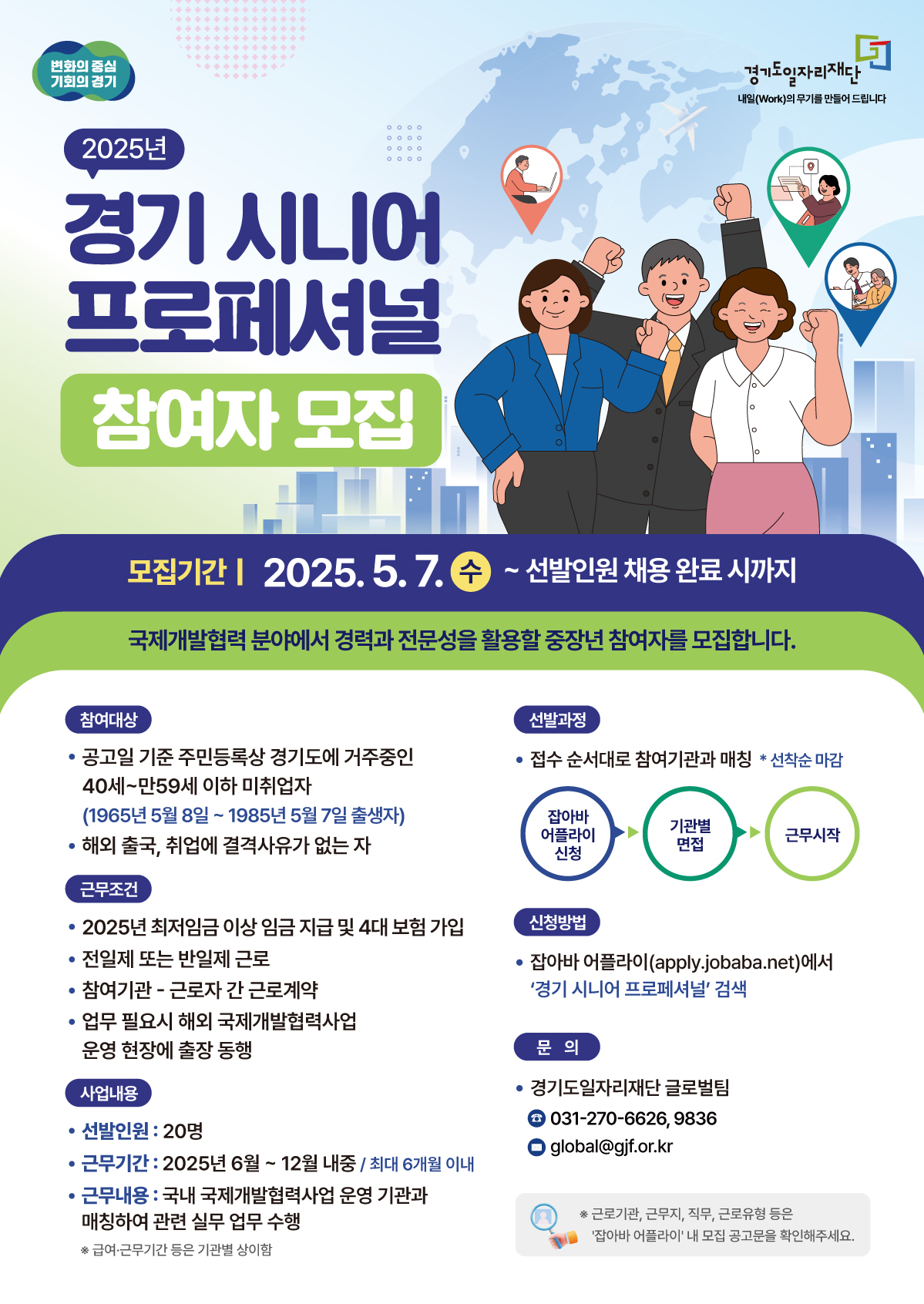 변화의 중심 기회의 경기 2025년 경기 시니어 프로페셔널 참여자 모집 百 경기도일자리재단 내일(Work)의 무기를 만들어드립니다 모집기간 2025.5.7.4 ~ 선발인원 채용 완료시까지 국제개발협력 분야에서 경력과 전문성을 활용할 중장년 참여자를 모집합니다. 참여대상 • 공고일 기준 주민등록상 경기도에 거주중인 40세~만59세 이하 미취업자 접수 순서대로 참여기관과 매칭 *선착순 마감 (1965년 5월 8일 ~ 1985년 5월 7일 출생자) • 해외 출국, 취업에 결격사유가 없는 자 선발과정 잡아바 어플라이 신청 기관별 면접 근무시작 근무조건 • 2025년 최저임금 이상 임금 지급 및 4대보험 가입 · •전일제 또는 반일제 근로 • 참여기관 - 근로자 간 근로계약 업무 필요시 해외 국제개발협력사업 운영 현장에 출장동행 사업내용 • 선발인원 : 20명 · 근무기간 : 2025년 6월 ~ 12월 내중 / 최대 6개월 이내 • 근무내용 : 국내 국제개발협력사업 운영 기관과 매칭하여 관련 실무 업무 수행 신청방법 잡아바 어플라이(apply.jobaba.net)에서 '경기 시니어 프로페셔널 검색 문의 경기도일자리재단 글로벌팀 031-270-6626, 9836 global@gjf.or.kr ※ 근로기관, 근무지, 직무, 근로유형 등은 '잡아바 어플라이' 내 모집 공고문을 확인해주세요. ※ 급여·근무기간 등은 기관별 상이함