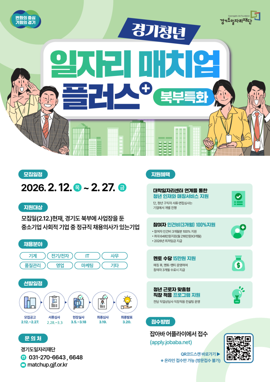 모집 및 지원 안내 1. 모집 일정 신청 기간: 2026. 2. 12.(목) ~ 2. 25.(수)  2. 지원 대상 모집일(2.12.) 현재, 경기도 북부에 사업장을 둔 중소기업 및 사회적 기업 중 정규직 채용 의사가 있는 기업  3. 채용 분야 기계, 전기/전자, IT, 사무, 품질관리, 영업, 마케팅, 기타  지원 혜택 매칭 서비스 지원: 대학일자리센터 연계를 통한 청년 인재 매칭 (단, 서류·면접 심사는 기업 자체 진행)  인건비 100% 지원: 참여자 인건비 3개월분 지원 (월 216만 원 × 3개월 = 최대 648만 원)  2026년 최저임금 지급 기준  멘토 수당 지원: 멘토-멘티 운영 시 15만 원 지급 (참여자 3개월 수료 시)  맞춤형 프로그램: 청년 근로자의 직장 적응을 위한 전담 직업상담사의 컨설팅 운영  선발 일정 모집공고: 2. 12. ~ 2. 25.  서류심사: 2. 26. ~ 3. 3.  현장실사: 3. 5. ~ 3. 18.  최종심사: 3. 19.  최종발표: 3. 20.  접수 방법 및 문의 접수처: 잡아바 어플라이 (apply.jobaba.net) 방법: 온라인 접수만 가능 (방문 접수 불가) / QR코드 스캔 가능 문의처: 경기도일자리재단 전화: 031-270-6648 / 031-270-6643 이메일: matchup.gjf.or.kr