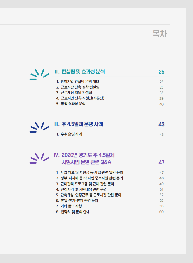 Ⅱ. 컨설팅 및 효과성 분석 …… 25 참여기업 컨설팅 운영 개요 …… 25 근로시간 단축 정착 컨설팅 …… 25 근로개선 지원 컨설팅 …… 35 근로시간 단축 지원단(자문단) …… 39 정책 효과성 분석 …… 40 Ⅲ. 주 4.5일제 운영 사례 …… 43 우수 운영 사례 …… 43 Ⅳ. 2026년 경기도 주 4.5일제 시범사업 운영 관련 Q&A …… 47 사업 개요 및 지원금 등 사업 관련 일반 문의 …… 47 정부·지자체 등 타 사업 중복지원 관련 문의 …… 48 근태관리 프로그램 및 근태 관련 문의 …… 49 신청자격 및 지원대상 관련 문의 …… 51 단축유형, 연장근무 등 근로시간 관련 문의 …… 52 휴일·휴가 관련 문의 …… 55 기타 문의 사항 …… 56 연락처 및 문의 안내 …… 60