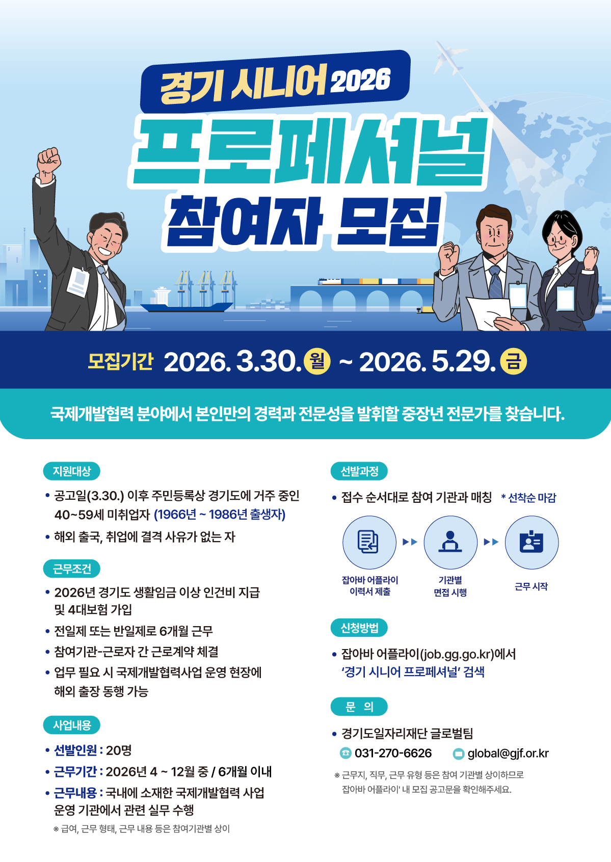 경기 시니어 2026 프로페셔널 참여자 모집 📅 모집기간  2026. 3.30.(월) ~ 2026. 5.29.(금)  📢 안내문  국제개발협력 분야에서 본인만의 경력과 전문성을 발휘할 중장년 전문가를 찾습니다.  👤 지원대상 공고일(3.30.) 이후 주민등록상 경기도에 거주 중인 40~59세 미취업자 (1966년 ~ 1986년 출생자) 해외 출국, 취업에 결격 사유가 없는 자 💼 근무조건 2026년 경기도 생활임금 이상 인건비 지급 및 4대보험 가입 전일제 또는 반일제로 6개월 근무 참여기관-근로자 간 근로계약 체결 업무 필요 시 국제개발협력사업 운영 현장에 해외 출장 동행 가능 📊 사업내용 선발인원: 20명 근무기간: 2026년 4~12월 중 / 6개월 이내 근무내용: 국내 소재 국제개발협력 사업 운영 기관에서 관련 실무 수행 ※ 급여, 근무 형태, 근무 내용 등은 참여기관별 상이 🔄 선발과정 접수 순서대로 참여 기관과 매칭 (선착순 마감) 잡아바 어플라이 이력서 제출 기관별 면접 시행 근무 시작 📝 신청방법 잡아바 어플라이(job.gg.go.kr)에서 ‘경기 시니어 프로페셔널’ 검색 📞 문의 경기도일자리재단 글로벌팀 ☎ 031-270-6626 📧 global@gjf.or.kr  ※ 근무지, 직무, 근무 유형 등은 참여 기관별 상이하므로 잡아바 어플라이 내 모집 공고문을 확인해 주세요.  ✅ 핵심 요약  👉 경기도 거주 40~59세 미취업자를 대상으로 👉 국제개발협력 분야 실무 경험 제공 👉 6개월 근무 + 생활임금 + 4대보험 👉 선착순 매칭 방식으로 진행  💡 추가 선택지  원하시면 아래 방식으로 더 도와드릴게요:  더 자세하게 3000자 설명 중학생도 이해하는 쉬운 설명 핵심만 500자 요약 지원 전략 / 합격 팁 정리 현실적인 장단점 분석 전문가 수준 심층 분석 실제 지원 시 체크리스트 자기소개서/이력서 작성 도와주기