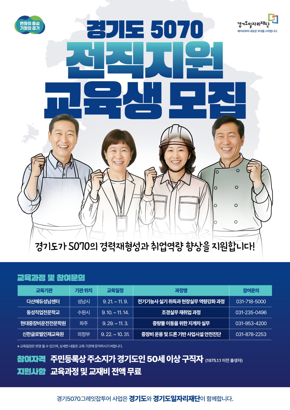 경기도 5070 전직지원 교육생 모집  경기도가 5070세대의 경력재형성과 취업역량 향상을 지원합니다.  참여자격: 주민등록상 주소지가 경기도인 50세 이상 구직자 (1975년 1월 1일 이전 출생자)  지원사항: 교육과정 및 교재비 전액 무료  교육과정 및 참여문의 1. 다산에듀성남센터 (성남시)  과정명: 전기기능사 실기 취득과 현장실무 역량강화 과정  교육일정: 9월 21일 ~ 11월 9일  문의: 031-718-5000  2. 동성직업전문학교 (수원시)  과정명: 조경실무 재취업 과정  교육일정: 9월 10일 ~ 11월 14일  문의: 031-235-0496  3. 현대중장비운전전문학원 (파주시)  과정명: 중장비 이동을 위한 지게차 실무  교육일정: 9월 29일 ~ 11월 3일  문의: 031-953-4200  4. 신한글로벌인재교육원 (의정부)  과정명: 중장비 운용 및 드론 기반 사업시설 안전진단  교육일정: 9월 22일 ~ 10월 31일  문의: 031-878-2253  ※ 교육일정은 변경될 수 있으며, 상세내용은 각 교육 기관에 문의하시기 바랍니다.  경기5070그레잇잡투어 사업은 경기도와 경기도일자리재단이 함께합니다.