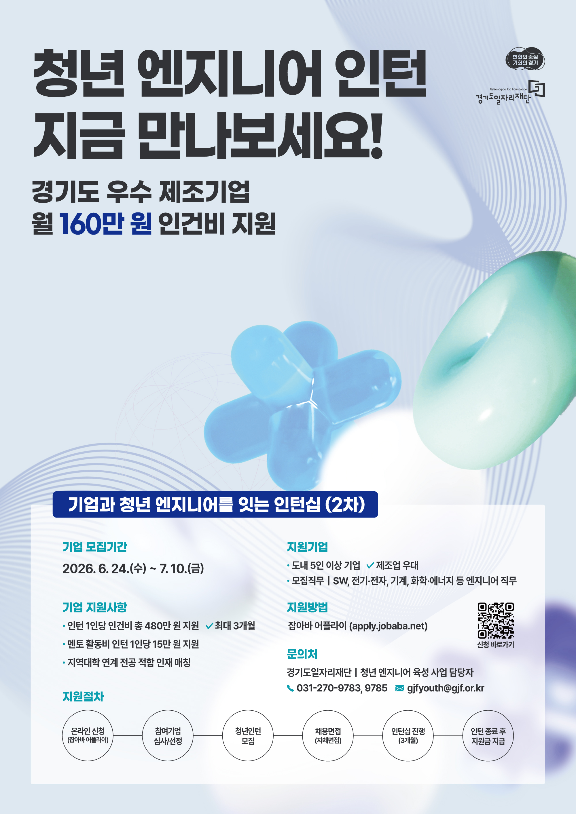 제공해주신 "경기도일자리재단_포스터_기업.jpg" 이미지에서 추출한 텍스트 내용은 다음과 같습니다.변화의 중심 기회의 경기경기도일자리재단청년 엔지니어 인턴 지금 만나보세요!경기도 우수 제조기업 월 160만 원 인건비 지원기업과 청년 엔지니어를 잇는 인턴십 (2차)기업 모집기간24.(수) ~ 7. 10.(금)기업 지원사항인턴 1인당 인건비 총 480만 원 지원 ($\checkmark$ 최대 3개월)멘토 활동비 인턴 1인당 15만 원 지원지역대학 연계 전공 적합 인재 매칭지원기업도내 5인 이상 기업 ($\checkmark$ 제조업 우대)모집직무 | SW, 전기·전자, 기계, 화학·에너지 등 엔지니어 직무지원방법잡아바 어플라이 (apply.jobaba.net)[QR코드] 신청 바로가기문의처경기도일자리재단 | 청년 엔지니어 육성 사업 담당자📞 031-270-9783, 9785✉ gjfyouth@gjf.or.kr지원절차온라인 신청(잡아바 어플라이) $\rightarrow$ 참여기업 심사/선정 $\rightarrow$ 청년인턴 모집 $\rightarrow$ 채용면접(자체면접) $\rightarrow$ 인턴십 진행(3개월) $\rightarrow$ 인턴 종료 후 지원금 지급