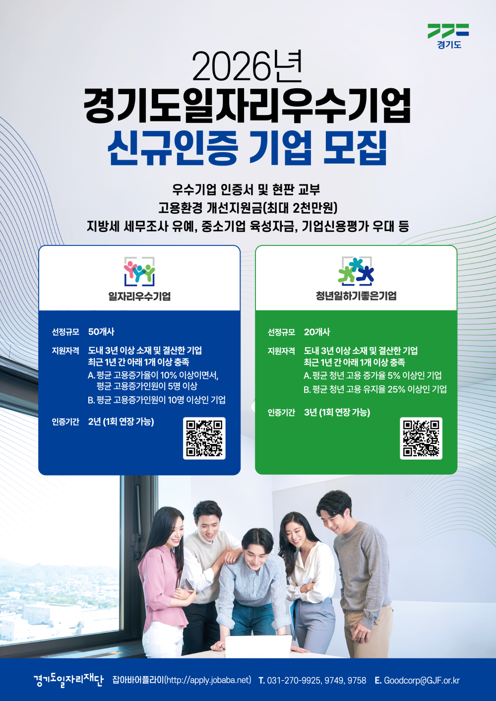 경기도 2026년 경기도일자리우수기업 신규인증 기업 모집 우수기업 인증서 및 현판 교부 고용환경 개선지원금(최대 2천만원) 지방세 세무조사 유예, 중소기업 육성자금, 기업신용평가 우대 등  일자리우수기업 선정규모 50개사 지원자격 도내 3년 이상 소재 및 결산한 기업 최근 1년 간 아래 1개 이상 충족 A. 평균 고용증가율이 10% 이상이면서, 평균 고용증가인원이 5명 이상 B. 평균 고용증가인원이 10명 이상인 기업 인증기간 2년 (1회 연장 가능)  청년일하기좋은기업 선정규모 20개사 지원자격 도내 3년 이상 소재 및 결산한 기업 최근 1년 간 아래 1개 이상 충족 A. 평균 청년 고용 증가율 5% 이상인 기업 B. 평균 청년 고용 유지율 25% 이상인 기업 인증기간 3년 (1회 연장 가능)  경기도일자리재단 잡아바어플라이(http://apply.jobaba.net) T. 031-270-9925, 9749, 9758 E. Goodcorp@GJF.or.kr