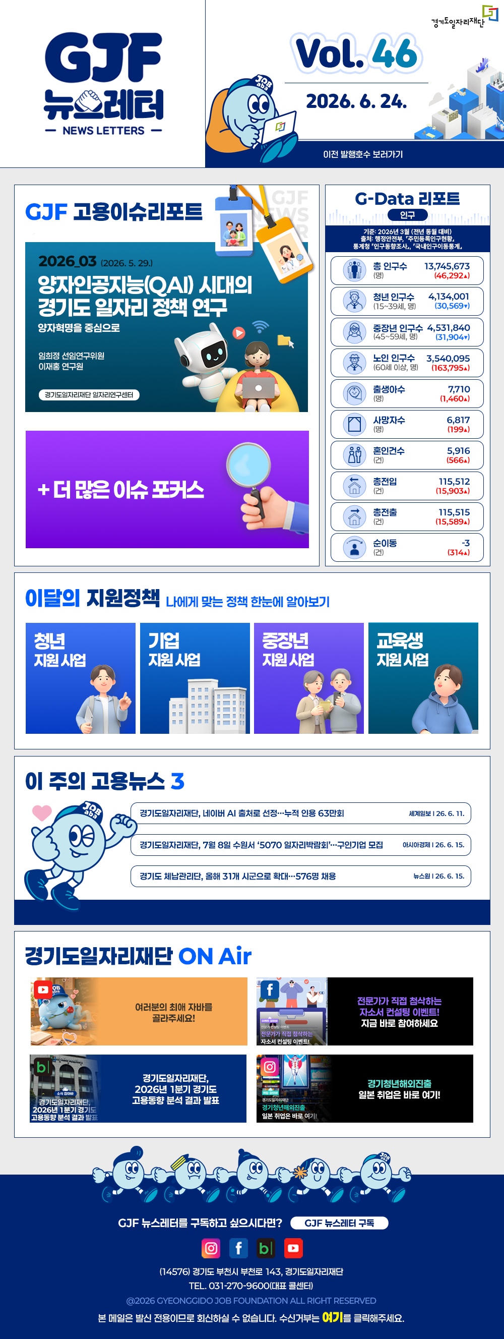VOL.46
  2026. 6. 24.
  GJF 뉴스레터
  이전 발행호수 보러가기
  
  GJF 고용이슈리포트
  2026_03 (2026. 5. 29.)
  양자인공지능(QAI) 시대의 경기도 일자리 정책 연구
  양자혁명을 중심으로
  임희정 선임연구위원
  이재홍 연구원
  
  + 더 많은 이슈 포커스
  
  G-Data 리포트
  인구
  기준: 2026년 3월 (전년 동월 대비)
  출처: 행정안전부,「주민등록인구현황」
  통계청「인구동향조사」,「국내인구이동통계」
  
  총 인구수 13,745,673 (46,292▲)
  청년 인구수(15~39세) 4,134,001 (30,569▼)
  중장년 인구수(40~59세) 4,531,840 (31,904▼)
  노인 인구수(60세 이상) 3,540,095 (163,795▲)
  출생아수 7,710 (1,460▲)
  사망자수 6,817 (199▲)
  혼인건수 5,916 (566▲)
  총전입 115,512 (15,903▲)
  총전출 115,515 (15,589▲)
  순이동 -3 (314▲)
  
  이달의 지원정책 
  나에게 맞는 정책 한눈에 알아보기
  청년 지원사업 경기청년 역량강화 기회지원 사업
  기업 지원사업 2026년 경기도 주 4.5일제 시범사업 참여기업 근로시간 단축장려금 신청(5-6월)
  중장년 지원사업 2026년 중장년 인턴십 참여 근로자 등록
  교육생 지원사업 SW테스팅 전문가 과정
  
  이 주의 고용뉴스 3
  경기도일자리재단, 네이버 AI 출처로 선정…누적 인용 63만회
  세계일보 26. 6. 11.
  경기도일자리재단, 7월 8일 수원서 '5070 일자리박람회'…구인기업 모집
  이시아경제 26. 6. 15.
  경기도 체납관리단, 올해 31개 시군으로 확대…576명 채용
  뉴스원 26. 6. 15.
  
  경기도일자리재단 ON Air
  유튜브 여러분의 최애 자바를 골라주세요!
  페이스북 전문가가 직접 첨삭하는 자소서 컨설팅 이벤트! 지금 바로 참여하세요
  블로그 경기도일자리재단, 2026년 1분기 경기도 고용동향 분석 결과 발표
  인스타그램 경기청년해외진출 일본 취업은 바로 여기!
  
  GJF 뉴스레터를 구독하고 싶으시다면? GJF 뉴스레터 구독
  (14576) 경기도 부천시 부천로 143, 경기도일자리재단
  TEL. 031-270-9600(대표 콜센터)
  © 2026 GYEONGGIDO JOB FOUNDATION ALL RIGHT RESERVED
  본 메일은 발신 전용이므로 회신하실 수 없습니다. 수신거부는 여기를 클릭해주세요.
  