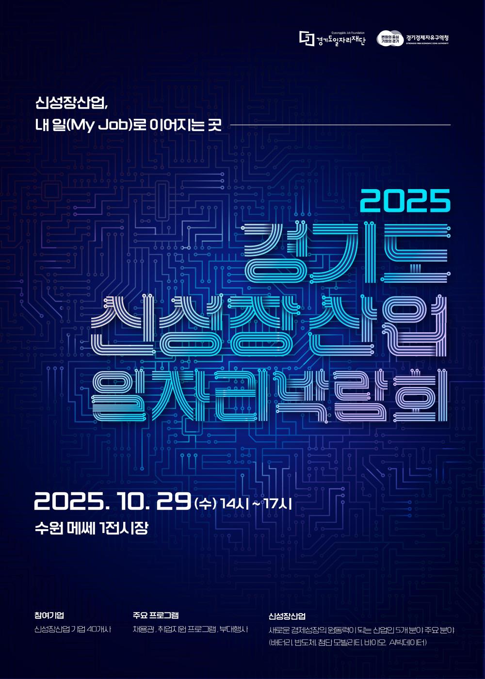 2025 경기 신성장산업 일자리박람회 "신성장산업, 내일(My Job)로 이어지는 곳"  일시: 2025년 10월 29일(수) 14시 ~ 17시  장소: 수원 메쎄 1전시장  참여기업: 신성장소재·부품·장비 기업 40개사  주요 프로그램: 채용관, 취업프로그램관, 부대행사  신성장산업이란? 새로운 경제성장의 원동력이 되는 5개 분야(반도체, 바이오, AI·빅데이터, 첨단모빌리티, 차세대 디스플레이)를 의미합니다.  주관: 경기도일자리재단, 경기경제자유구역청