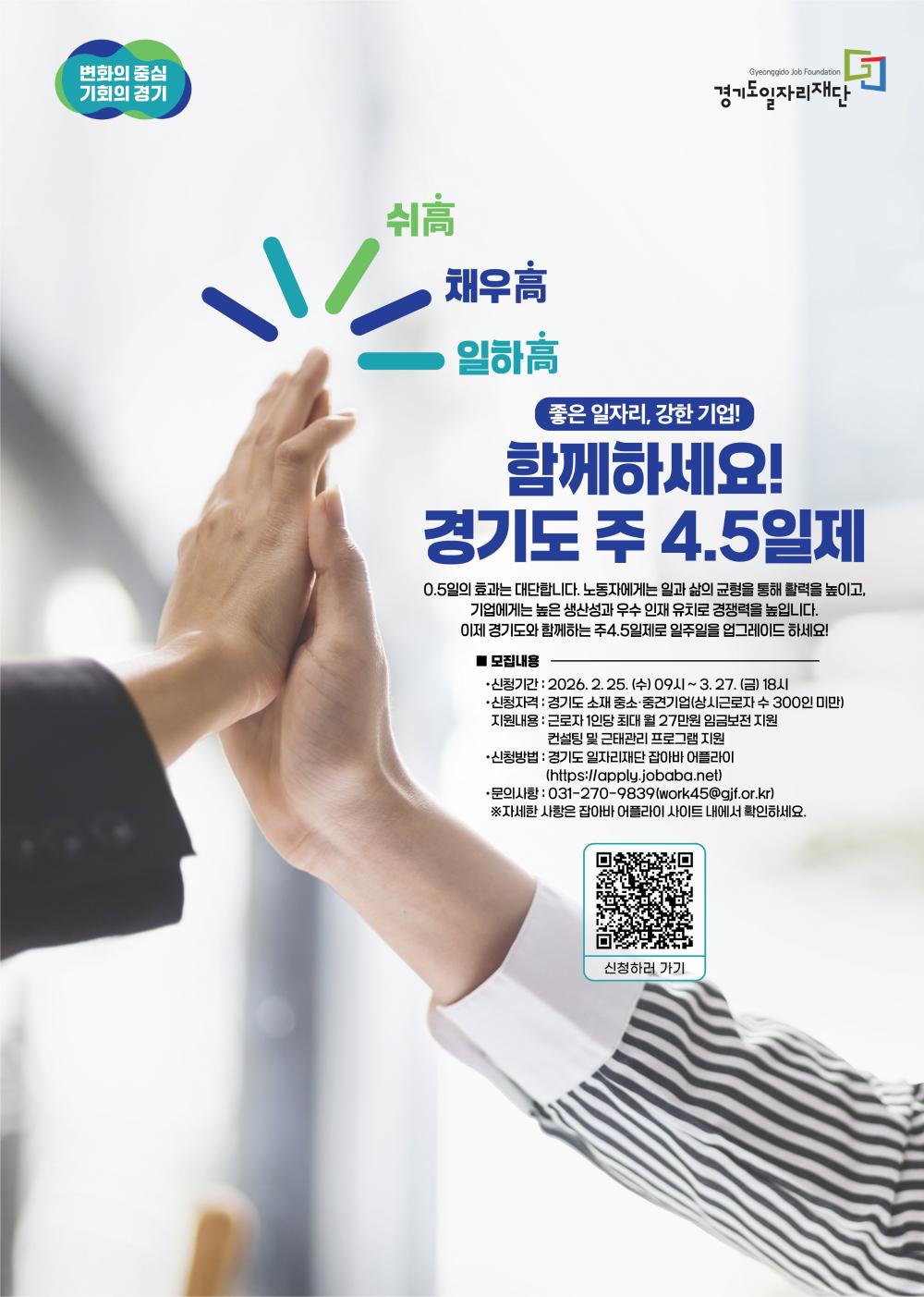 좋은 일자리, 강한 기업! 함께하세요! 경기도 주 4.5일제 슬로건 및 핵심 메시지 쉬高, 채우高, 일하高  0.5일의 효과는 대단합니다. 노동자에게는 일과 삶의 균형을 통해 활력을 높이고, 기업에게는 높은 생산성과 우수 인재 유치로 경쟁력을 높입니다. 이제 경기도와 함께하는 주 4.5일제로 일주일을 업그레이드 하세요!  ■ 모집내용 신청기간: 2026. 2. 25.(수) 09시 ~ 3. 27.(금) 18시  신청자격: 경기도 소재 중소·중견기업 (상시근로자 수 300인 미만)  지원내용:  근로자 1인당 최대 월 27만원 임금보전 지원  컨설팅 및 근태관리 프로그램 지원  신청방법: 경기도 일자리재단 잡아바 어플라이 (https://apply.jobaba.net)  문의사항: 031-270-9839 (work45@gjf.or.kr)