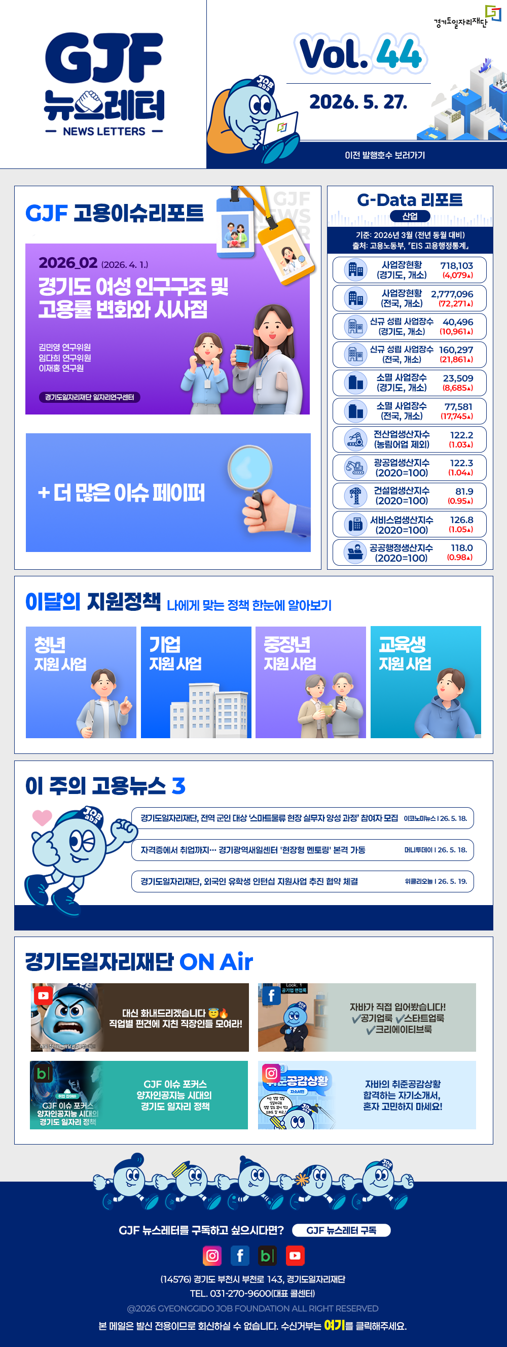 VOL.44
2026. 5. 27.
GJF 뉴스레터
이전 발행호수 보러가기

GJF 고용이슈리포트
2026_02 (2026. 4. 1.)
경기도 여성 인구구조 및 고용률 변화와 시사점
김민영 연구위원
임다희 연구위원
이재홍 연구원

+ 더 많은 이슈 페이퍼

G-Data 리포트
산업
기준: 2026년 3월 (전년 동월 대비)
출처: 고용노동부,「EIS 고용행정통계」

사업장현황 (경기도, 개소) 718,103 (4,079▲)
사업장현황 (전국, 개소) 2,777,096 (72,271▲)
신규 성립 사업장수 (경기도, 개소) 40,496 (10,961▲)
신규 성립 사업장수 (전국, 개소) 160,297 (21,861▲)
소멸 사업장수 (경기도, 개소) 23,509 (8,685▲)
소멸 사업장수 (전국, 개소) 77,581 (17,745▲)
전산업생산지수 (농림어업 제외) 122.2 (1.03▲)
광공업생산지수 (2020=100) 122.3 (1.04▲)
건설업생산지수 (2020=100) 81.9 (0.95▲)
서비스업생산지수 (2020=100) 126.8 (1.05▲)
공공행정생산지수 (2020=100) 118.0 (0.98▲)

이달의 지원정책 
나에게 맞는 정책 한눈에 알아보기
청년 지원사업 경기청년 역량강화 기회지원 사업
기업 지원사업 2026년 경기남부권 새일여성인턴 참여기업 모집
중장년 지원사업 2026년 중장년 인턴십 참여 근로자 등록
교육생 지원사업 2026년 경기북부 직업교육 AI 딥러닝 전문강사 양성과정

이 주의 고용뉴스 3
경기도일자리재단, 전역 군인 대상 '스마트물류 현장 실무자 양성 과정' 참여자 모집
이코노AL뉴스 26. 5. 18.
자격증에서 취업까지… 경기광역새일센터 '현장형 멘토링' 본격 가동
머니투데이 26. 5. 18.
경기도일자리재단, 외국인 유학생 인턴십 지원사업 추진 협약 체결
위클리오늘 26. 5. 19.

경기도일자리재단 ON Air
유튜브 대신 화내드리겠습니다. 직업별 편견에 지친 직장인들 모여라!
페이스북 자바가 직접 읽어봤습니다! ✓공기업룩 ✓스타트업룩 ✓크리에이티브룩
블로그 GJF 이슈 포커스 양자인공지능 시대의 경기도 일자리 정책
인스타그램 자비의 취준공감상황 함께하는 자기소개서, 혼자 고민하지 마세요!

GJF 뉴스레터를 구독하고 싶으시다면? GJF 뉴스레터 구독
(14576) 경기도 부천시 부천로 143, 경기도일자리재단
TEL. 031-270-9600(대표 콜센터)
© 2026 GYEONGGIDO JOB FOUNDATION ALL RIGHT RESERVED
본 메일은 발신 전용이므로 회신하실 수 없습니다. 수신거부는 여기를 클릭해주세요.