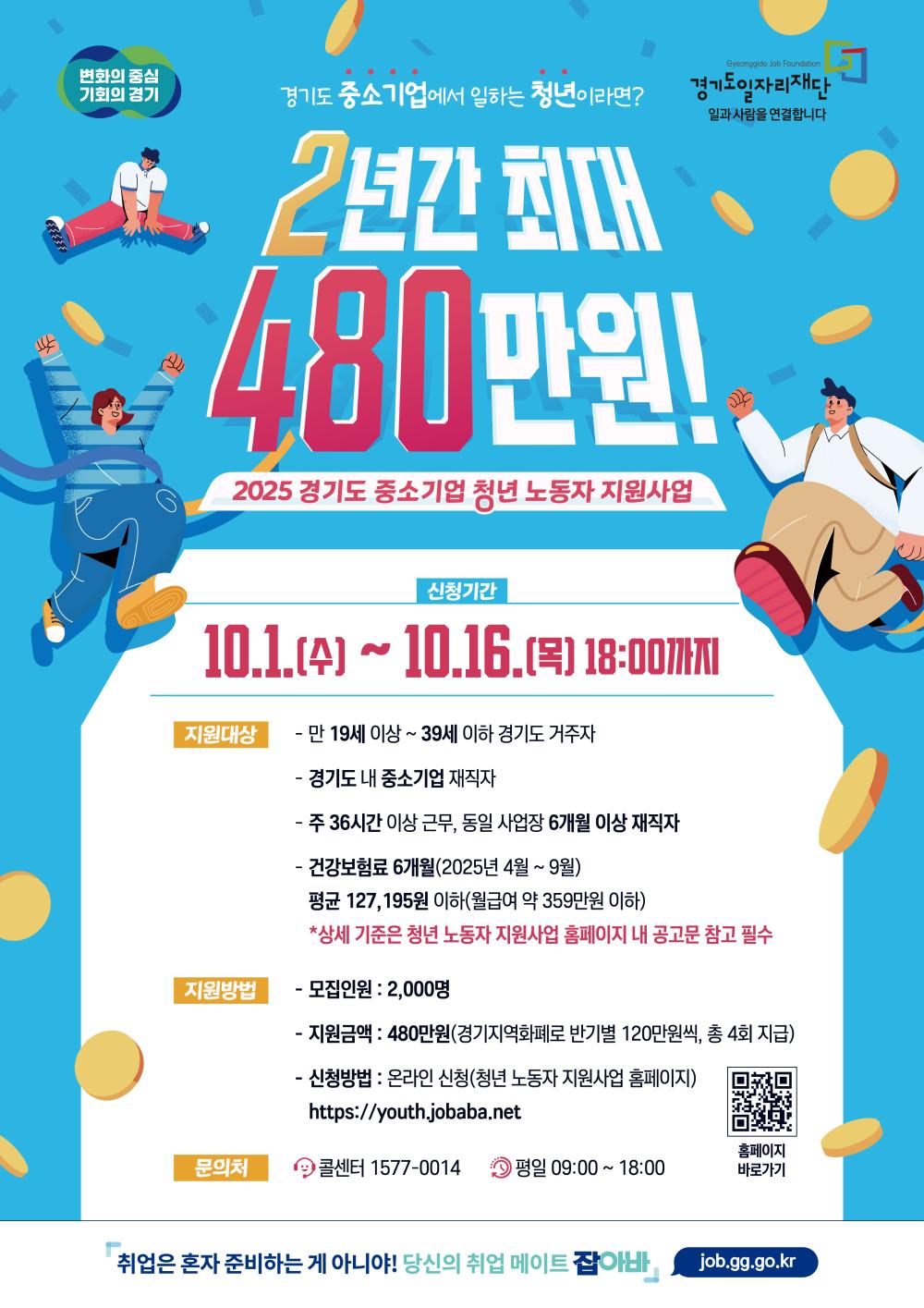 2025 경기도 중소기업 청년 노동자 지원사업 "경기도 중소기업에서 일하는 청년이라면? 2년간 최대 480만원!"  신청기간 2025년 10월 1일(수) ~ 10월 16일(목) 18:00까지  지원대상  연령 및 거주지: 만 19세 이상 39세 이하 경기도 거주자  소속: 경기도 내 중소기업 재직자  근무조건: 주 36시간 이상 근무, 현 직장에 6개월 이상 재직  소득: 건강보험료 6개월(25년 4월~9월) 평균 127,195원 이하 (월 급여 약 359만원 이하) (※ 상세 기준은 홈페이지 공고문 확인 필수)  지원방법  모집인원: 2,000명  지원금액: 2년간 총 480만원 (경기지역화폐로 분기별 120만원씩 지급)  신청방법: 청년 노동자 지원사업 홈페이지(https://youth.jobaba.net)에서 온라인 신청 또는 포스터 내 QR코드 스캔  문의처  콜센터: 1577-0014 (평일 09:00 ~ 18:00)  슬로건 취업은 혼자 준비하는 게 아니야! 당신의 취업 메이트 잡아바 (job.gg.go.kr)