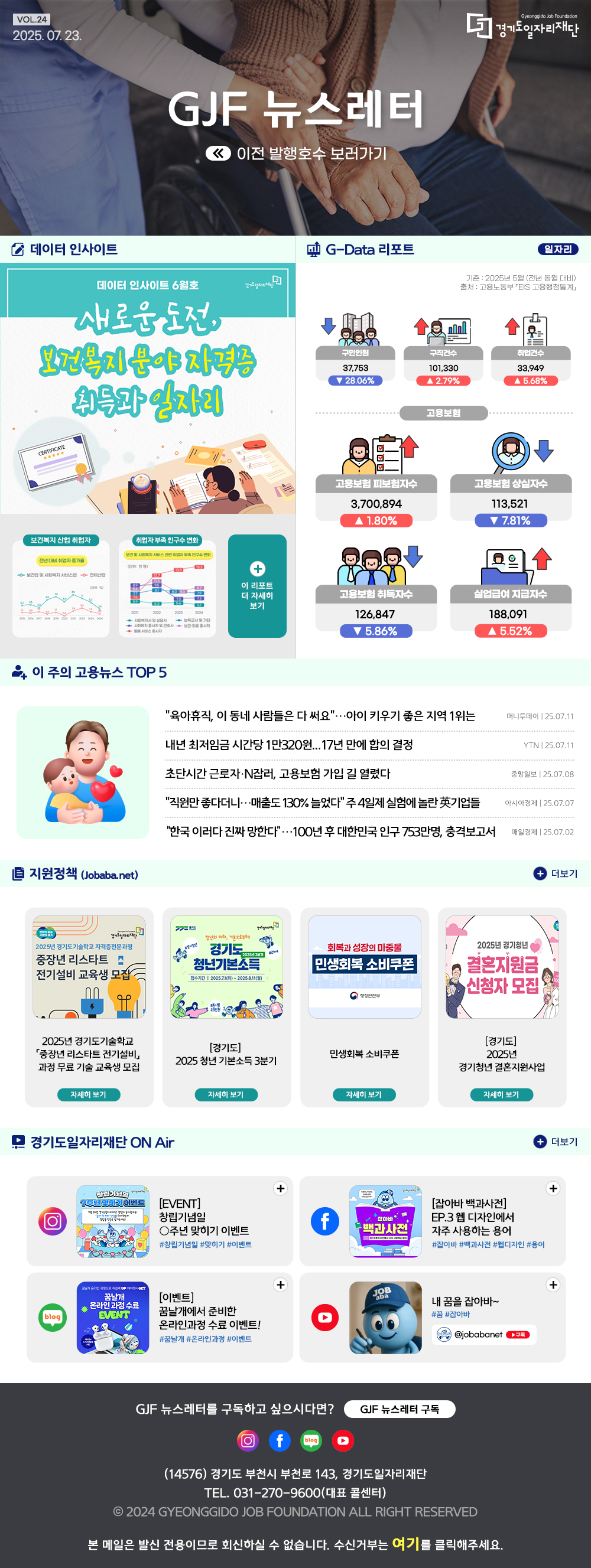 VOL.24 2025. 07. 23. GJF 뉴스레터 이전 발행호수 보러가기  데이터 인사이트 새로운 도전, 보건복지 분야 자격증 취득과 일자리    G-Data 리포트 일자리 기준: 2025년 5월 (전년 동월 대비) 출처: 고용노동부 EIS 고용행정통계  구인인원 37,753 ▼ 28.06% 구직건수 101,330 ▲ 2.79% 취업건수 33,949 ▲ 5.68% 고용보험 고용보험 피보험자수 3,700,894 ▲ 1.80% 고용보험 상실자수 113,521 ▼ 7.81% 고용보험 취득자수 126,847 ▼ 5.86% 실업급여 지급자수 188,091 ▲ 5.52%   이 주의 고용뉴스 TOP 5 "육아휴직, 이 동네 사람들은 다 써요"...아이 키우기 좋은 지역 1위는 머니투데이 25.07.11 내년 최저임금 시간당 1만320원... 17년 만에 합의 결정 YTN 25.07.11 초단시간 근로자.N잡러, 고용보험 가입 길 열렸다 중앙일보 25.07.08 "직원만 좋다더니... 매출도 130% 늘었다" 주4일제 실험에 놀란 英기업들 아시아경제 25.07.07 "한국 이러다 진짜 망한다"... 100년 후 대한민국 인구 753만명, 충격보고서 매일경제 25.07.02   지원정책 (Jobaba.net) 2025년 경기도기술학교 중장년 리스타트 전기설비 과정 무료 기술 교육생 모집 경기도 2025 청년 기본소득 3분기 민생회복 소비쿠폰 경기도 2025년 경기청년 결혼지원사업    경기도일자리재단 ON Air 인스타그램 [EVENT] 창립기념일 ○주년 맞히기 이벤트 페이스북 [잡아바 백과사전] EP.3 웹 디자인에서 자주 사용하는 용어 블로그 [이벤트] 꿈날개에서 준비한 온라인과정 수료 이벤트! 유튜브 내 꿈을 잡아바~   GJF 뉴스레터를 구독하고 싶으시다면? GJF 뉴스레터 구독 (14576) 경기도 부천시 부천로 143, 경기도일자리재단 TEL. 031-270-9600(대표 콜센터) © 2024 GYEONGGIDO JOB FOUNDATION ALL RIGHT RESERVED 본 메일은 발신 전용이므로 회신하실 수 없습니다. 수신거부는 여기를 클릭해주세요.