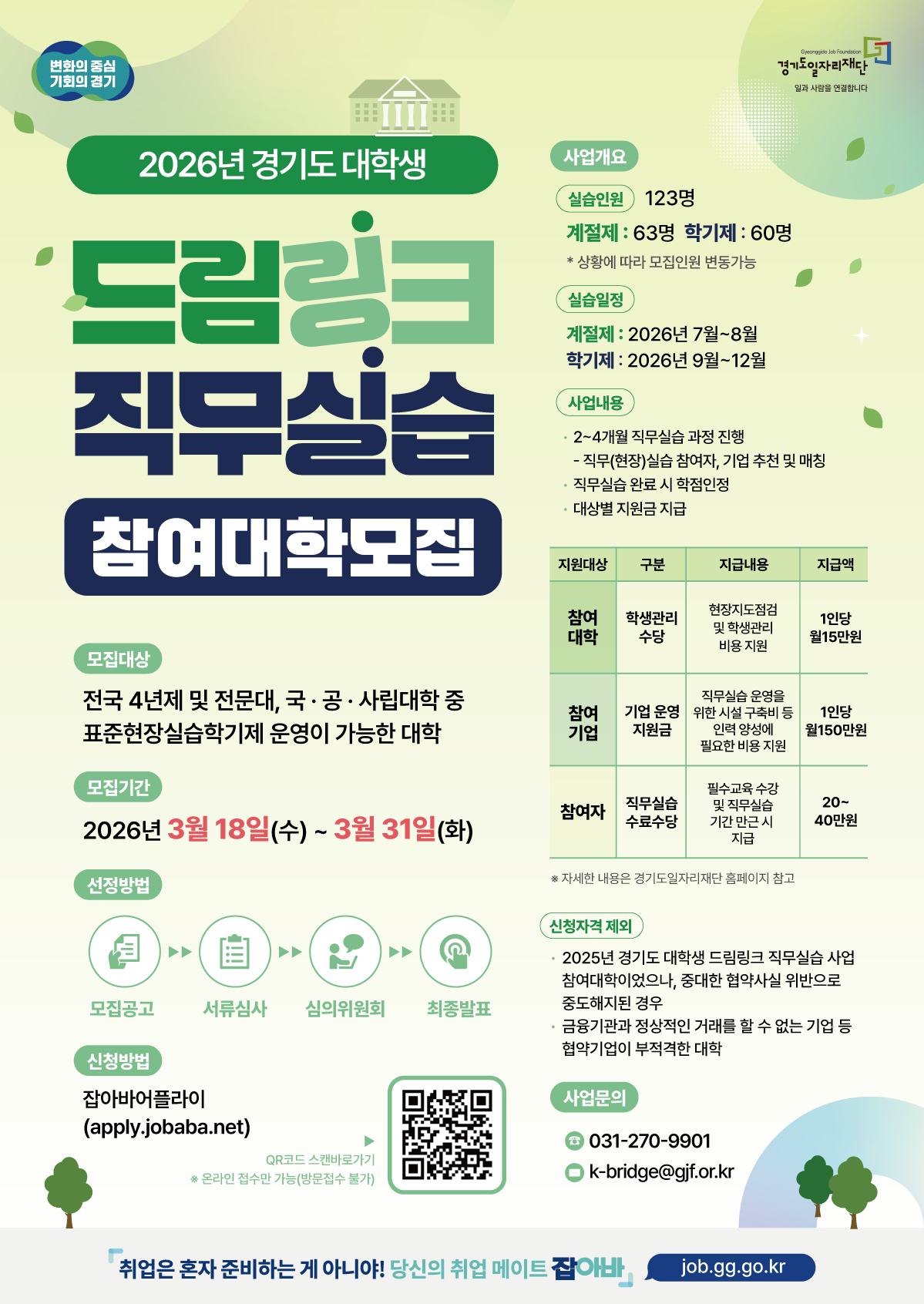 2026년 경기도 대학생 '드림링크' 직무실습 참여대학 모집"취업은 혼자 준비하는 게 아니야! 당신의 취업 메이트 잡아바"🗓️ 모집 및 신청 안내모집기간: 2026년 3월 18일(수) ~ 3월 31일(화)신청방법: 잡아바어플라이 (apply.jobaba.net) 를 통한 온라인 접수 (방문접수 불가)선정절차: 모집공고 → 서류심사 → 심의위원회 → 최종발표📋 사업 개요실습인원: 총 123명 (계절제 63명 / 학기제 60명)실습일정: * 계절제: 2026년 7월 ~ 8월학기제: 2026년 9월 ~ 12월사업내용: 2~4개월 직무실습 진행, 기업 추천 및 매칭, 학점 인정, 대상별 지원금 지급💰 지원금 지급 안내 (대상별)지원대상구분지급내용지급액참여대학학생관리 수당현장지도점검 및 학생관리 비용1인당 월 15만원참여기업기업 운영 지원금직무실습 운영을 위한 시설 구축비 등1인당 월 150만원참여자직무실습 수료수당필수교육 수강 및 만근 시 지급20~40만원✅ 모집 및 신청 자격모집대상: 전국 4년제 및 전문대, 국·공·사립대학 중 표준현장실습학기제 운영이 가능한 대학신청자격 제외: * 2025년 참여대학이었으나 협약 위반으로 중도해지된 경우금융기관 거래 불가 기업 등 협약기업이 부적격한 대학📞 사업 문의전화: 031-270-9901이메일: k-bridge@gjf.or.kr상세내용: 경기도일자리재단 홈페이지 참고