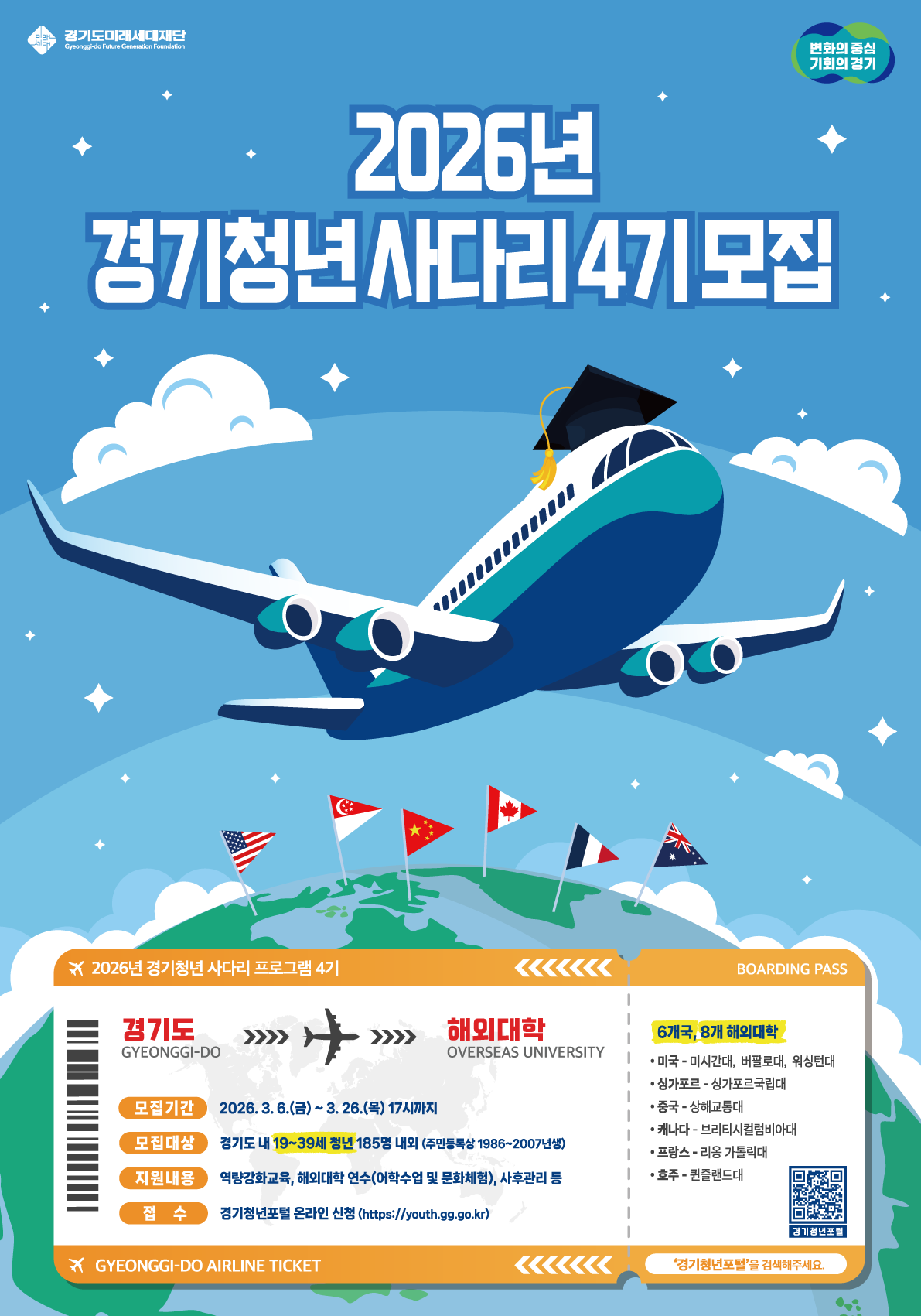 2026년 경기청년 사다리 4기 모집  프로그램 안내 영역 ✈️ 2026년 경기청년 사다리 프로그램 4기 📅 모집기간  2026. 3. 6.(금) ~ 3. 26.(목) 17시까지  👥 모집대상  경기도 내 19~39세 청년 185명 내외 (주민등록상 1986~2007년생)  📚 지원내용  역량강화교육  해외대학 연수 (어학수업 및 문화체험)  사후관리 등  📝 접수방법  경기청년포털 온라인 신청  https://youth.gg.go.kr  🎓 해외대학 정보  6개국, 8개 해외대학  미국 – 미시간대, 버팔로대, 워싱턴대  싱가포르 – 싱가포르국립대  중국 – 상해교통대  캐나다 – 브리티시컬럼비아대  프랑스 – 리옹 가톨릭대  호주 – 퀸즐랜드대