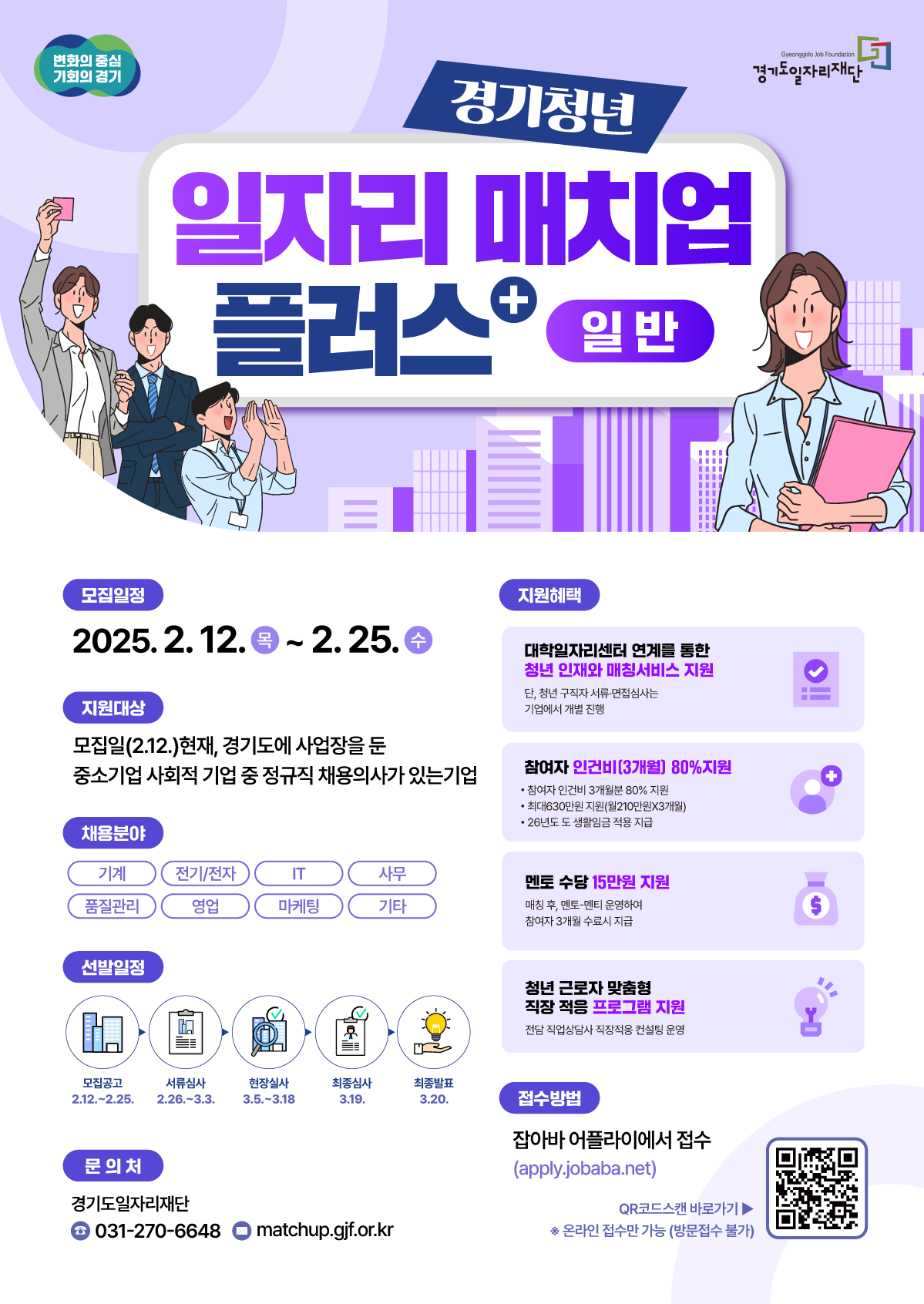 경기청년 일자리 매치업 플러스 일반  변화의 중심 기회의 경기 경기도일자리재단  모집일정 2025. 2. 12. (목) ~ 2. 25. (수)  지원대상 모집일(2.12.) 현재, 경기도에 사업장을 둔 중소기업 사회적 기업 중 정규직 채용의사가 있는 기업  채용분야 기계, 전기/전자, IT, 사무, 품질관리, 영업, 마케팅, 기타  선발일정 모집공고: 2.12. ~ 2.25. 서류심사: 2.26. ~ 3.3. 현장실사: 3.5. ~ 3.18. 최종심사: 3.19. 최종발표: 3.20.  지원혜택 대학일자리센터 연계를 통한 청년 인재와 매칭서비스 지원 (단, 청년 구직자 서류·면접심사는 기업에서 개별 진행) 참여자 인건비(3개월) 80% 지원 (최대 630만원 지원(월 210만원x3개월), 26년도 도 생활임금 적용 지급) 멘토 수당 15만원 지원 (매칭 후, 멘토-멘티 운영하여 참여자 3개월 수료시 지급) 청년 근로자 맞춤형 직장 적응 프로그램 지원 (전담 직업상담사 직장적응 컨설팅 운영)  접수방법 잡아바 어플라이에서 접수 (apply.jobaba.net) QR코드 스캔 바로가기 (온라인 접수만 가능, 방문접수 불가)  문의처 경기도일자리재단 031-270-6648 matchup.gjf.or.kr