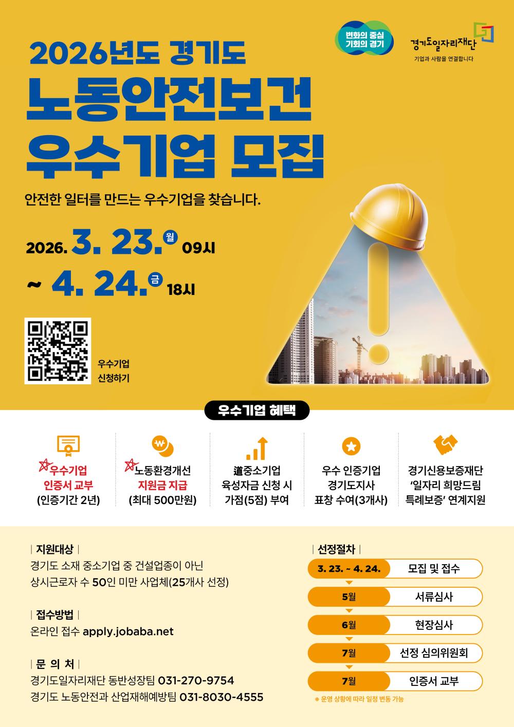 2026년도 경기도 노동안전보건 우수기업 모집  안전한 일터를 만드는 우수기업을 찾습니다.  📅 모집기간 2026. 3. 23.(월) 09시 ~ 4. 24.(금) 18시  🏷 우수기업 혜택  ⭐ 우수기업 인증서 교부 (인증기간 2년)  💰 노동환경개선 지원금 지급 (최대 500만원)  📈 중소기업 육성자금 신청 시 가점(5점) 부여  🏆 우수 인증기업 경기도지사 표창 수여 (3개사)  🤝 경기신용보증재단 ‘일자리 희망드림’ 특례보증 연계지원  🎯 지원대상  경기도 소재 중소기업 중  건설업종이 아닌 기업  상시근로자 수 50인 미만 사업체  총 25개사 선정  📝 접수방법  온라인 접수: apply.jobaba.net  📞 문의처  경기도일자리재단 동반성장팀: 031-270-9754  경기도 노동안전과 산업재해예방팀: 031-8030-4555  🔄 선정절차  3.23. ~ 4.24. → 모집 및 접수  5월 → 서류심사  6월 → 현장심사  7월 → 선정 심의위원회  7월 → 인증서 교부  ※ 운영 상황에 따라 일정 변동 가능