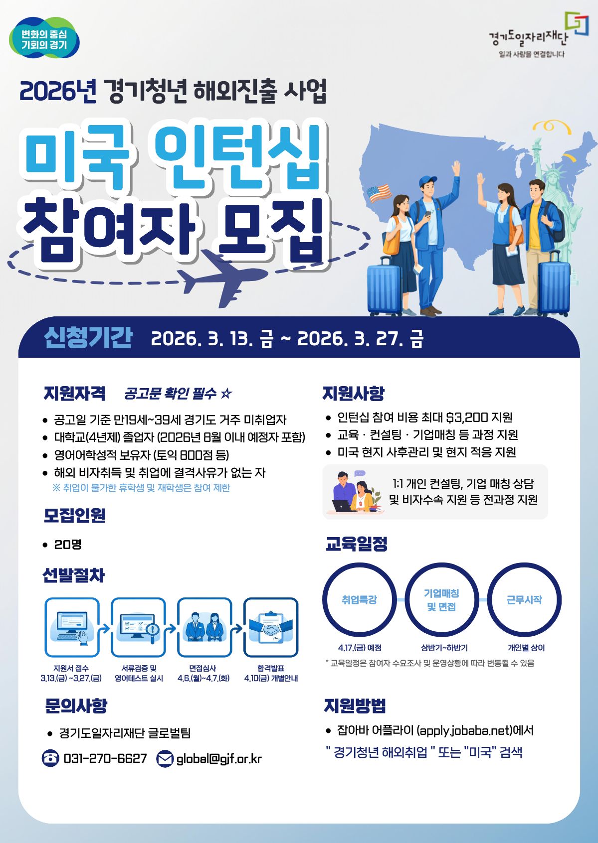 2026년 경기청년 해외진출 사업 미국 인턴십 참여자 모집 신청기간  2026. 3. 13. 금 ~ 2026. 3. 27.지원방법  잡아바 어플라이 (apply.jobaba.net) 에서  “경기청년 해외취업” 또는 “미국” 검색 금  지원자격  ※ 공고문 확인 필수 ★  공고일 기준 만19세~39세 경기도 거주 미취업자  대학교(4년제) 졸업자 (2026년 8월 이내 예정자 포함)  영어어학성적 보유자 (토익 800점 등)  해외 비자취득 및 취업에 결격사유가 없는 자  ※ 취업이 불가한 휴학생 및 재학생은 참여 제한  모집인원  20명  선발절차  1️⃣ 지원서 접수 2026. 3.13.(금) ~ 3.27.(금)  2️⃣ 서류검증 및 영어테스트 실시  3️⃣ 면접심사 2026. 4.6.(월) ~ 4.7.(화)  4️⃣ 합격발표 2026. 4.10.(금) 개별안내  지원사항  인턴십 참여 비용 최대 $3,200 지원  교육 · 컨설팅 · 기업매칭 등 과정 지원  미국 현지 사후관리 및 현지 적응 지원  추가 지원 ➡ 1:1 개인 컨설팅, 기업 매칭 상담 및 비자수속 지원 등 전과정 지원  교육일정  ① 취업특강 2026. 4.17.(금) 예정  ② 기업매칭 및 면접 상반기 ~ 하반기  ③ 근무시작 개인별 상이  ※ 교육일정은 참여자 수요조사 및 운영상황에 따라 변동될 수 있음  문의사항  경기도일자리재단 글로벌팀  ☎ 031-270-6627 ✉ global@gjf.or.kr