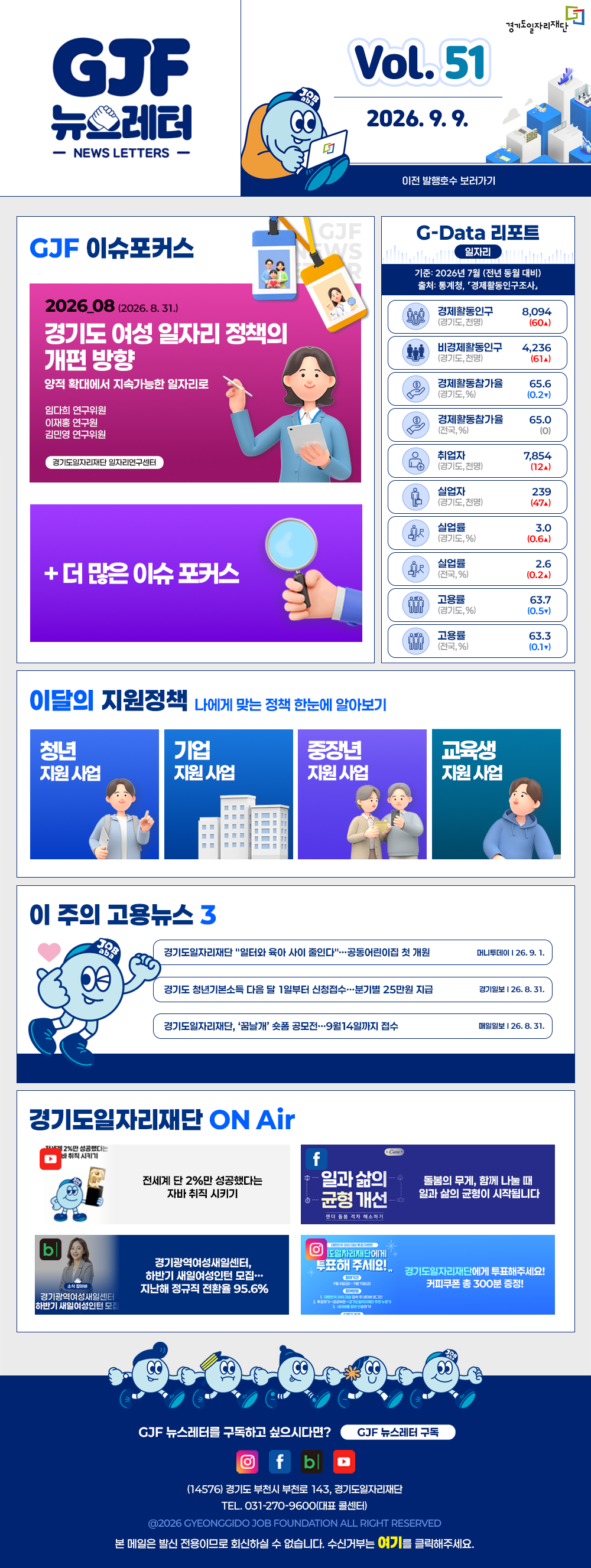 VOL.51
  2026. 9. 9.
  GJF 뉴스레터
  이전 발행호수 보러가기
  
  GJF 이슈포커스
  2026_08 (2026. 8. 31.)
  경기도 여성 일자리 정책의 개편 방향
  양적 확대에서 지속가능한 일자리로
  임다희 연구위원
  이재홍 연구원
  김민영 연구위원
  경기도일자리재단 일자리연구센터
  
  + 더 많은 이슈 포커스
  
  G-Data 리포트
  일자리
  기준: 2026년 7월 (전년 동월 대비)
  출처: 통계청,「경제활동인구조사」
  
  경제활동인구 (경기도, 천명) 8,094 (60▲)
  비경제활동인구 (경기도, 천명) 4,236 (61▲)
  경제활동참가율 (경기도, %) 65.6 (0.2▼)
  경제활동참가율 (전국, %) 65.0 (0)
  취업자 (경기도, 천명) 7,854 (12▲)
  실업자 (경기도, 천명) 239 (47▲)
  실업률 (경기도, %) 3.0 (0.6▲)
  실업률 (전국, %) 2.6 (0.2▲)
  고용률 (경기도, %) 63.7 (0.5▼)
  고용률 (전국, %) 63.3 (0.1▼)
  
  이달의 지원정책
  나에게 맞는 정책 한눈에 알아보기
  청년 지원사업 2026년 경기청년 해외진출(일본) 4기 사업 참여자 모집
  기업 지원사업 2026년 주 4.5일제 시범사업 참여기업 근태관리 프로그램 지원 신청 (2차)
  중장년 지원사업 2026년 중장년 인턴십 참여 근로자 등록
  교육생 지원사업 2026년 경기도기술학교 자격증전문과정 「이륜자동차 정비」 교육생 모집
  
  이 주의 고용뉴스 3
  경기도일자리재단 '일터와 육아 사이 줄인다'…공동어린이집 첫 개원
  머니투데이 26. 9. 1.
  경기도 청년기본소득 다음 달 1일부터 신청접수…분기별 25만원 지급
  경기일보 26. 8. 31.
  경기도일자리재단, '꿈날개' 숏폼 공모전…9월14일까지 접수
  매일일보 26. 8. 31.
  
  경기도일자리재단 ON Air
  유튜브 전세계 단 2%만 성공했다는 자바 취직 시키기
  페이스북 일과 삶의 균형 개선 돌봄의 무게, 함께 나눌 때 일과 삶의 균형이 시작됩니다
  블로그 경기광역여성새일센터, 하반기 새일여성인턴 모집… 지난해 정규직 전환율 95.6%
  인스타그램 경기도일자리재단에 투표해주세요! 커피쿠폰 추첨 300분 증정!
  
  GJF 뉴스레터를 구독하고 싶으시다면? GJF 뉴스레터 구독
  (14576) 경기도 부천시 부천로 143, 경기도일자리재단
  TEL. 031-270-9600(대표 콜센터)
  © 2026 GYEONGGIDO JOB FOUNDATION ALL RIGHT RESERVED
  본 메일은 발신 전용이므로 회신하실 수 없습니다. 수신거부는 여기를 클릭해주세요.