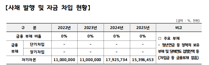 사채 발행 및 자금 차입 현황  (금액: %, 천원)  ■ 표 구성 구분	2022년	2023년	2024년	2025년	비고 금융 부채 비율	0%	0%	0%	0%	 금융 부채 - 단기차입	-	-	-	-	 금융 부채 - 장기차입	-	-	-	-	 자기자본	11,000,000	11,000,000	17,925,734	15,396,453	 ■ 비고 주요 부채 차입금 등 정책적 보유 부채 및 당해연도 집행잔액 등 (차입금 등 금융부채 없음) ✅ 핵심 해석 금융부채 0% 유지 → 차입 없음 (재무 건전성 매우 안정적) 단기/장기 차입 모두 없음 → 외부 자