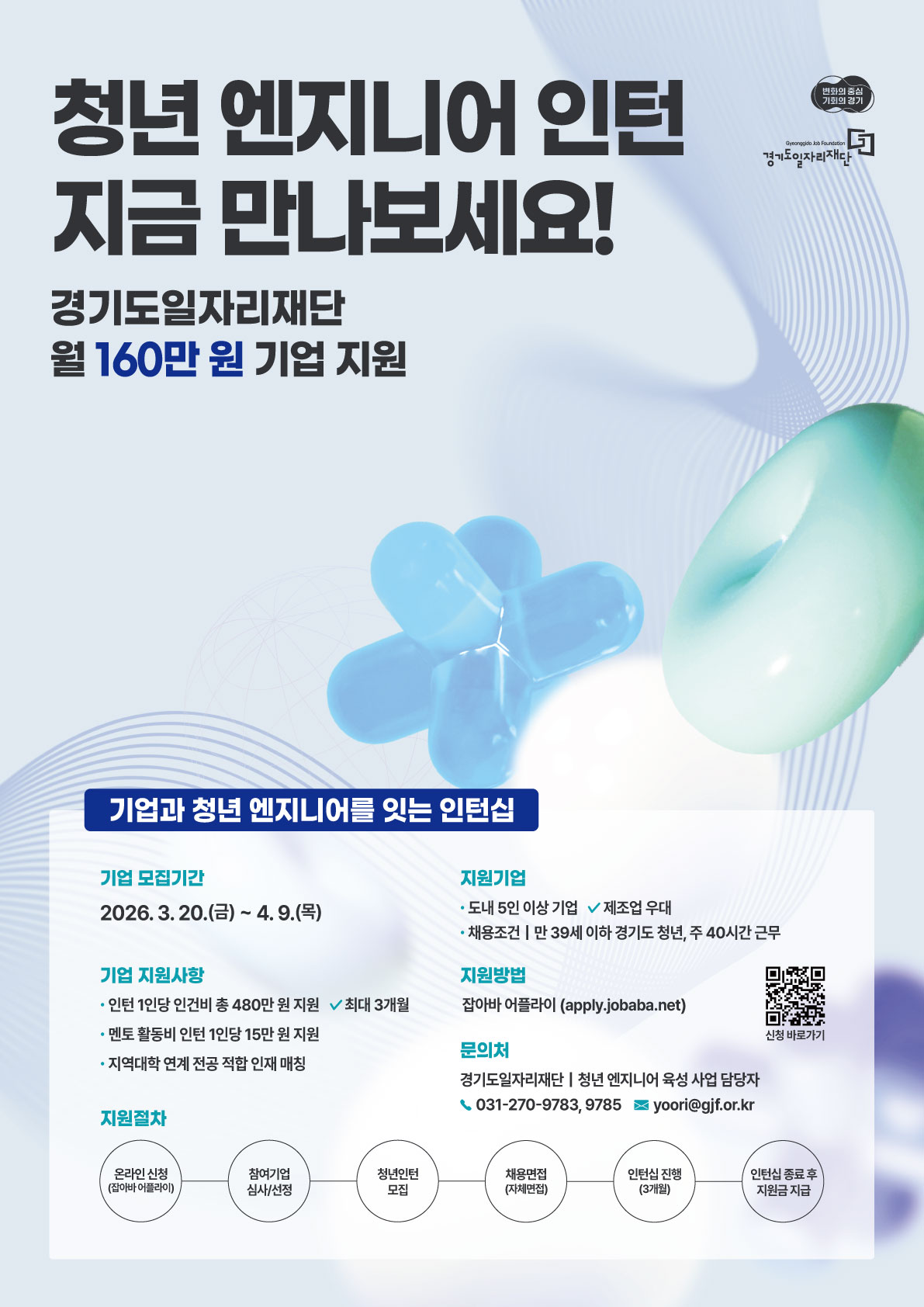 청년 엔지니어 인턴 지금 만나보세요!  경기도일자리재단 월 160만 원 기업 지원  🔵 기업과 청년 엔지니어를 잇는 인턴십 📅 기업 모집기간  20.(금) ~ 4. 9.(목)  💼 기업 지원사항  인턴 1인당 인건비 총 480만 원 지원 (최대 3개월)  멘토 활동비 인턴 1인당 15만 원 지원  지역대학 연계 전공 적합 인재 매칭  🏢 지원기업  도내 5인 이상 기업 ✔ 제조업 우대  채용조건: 만 39세 이하 경기도 청년, 주 40시간 근무  📝 지원방법  잡아바 어플라이 (apply.jobaba.net)  📞 문의처  경기도일자리재단 | 청년 엔지니어 육성 사업 담당자 ☎ 031-270-9783, 9785 📧 yoori@gjf.or.kr  🔄 지원절차  온라인 신청 (잡아바 어플라이)  참여기업 심사/선정  청년인턴 모집  채용면접 (자체면접)  인턴십 진행 (3개월)  인턴십 종료 후 지원금 지급  🏷 기타 문구  변화의 중심 기회가치  Gyeonggido Job Foundation  경기도일자리재단  필요하면 이걸 보고용 문서 / 요약본 / 홍보문구 버전으로도 깔끔하게 재작성해줄게.  👉 추가로 도와줄 수 있는 것  원하는 스타일을 골라줘:  3000자 수준으로 자세한 사업 설명 정리  중학생도 이해하는 쉬운 비유 설명  핵심만 500자 요약  실무 보고용 문장으로 재작성  포스터 개선 피드백 (디자인/문구)  사업 기획서 형태로 확장  실제 지원 시 전략/팁  홍보 카피 문구 만들어주기