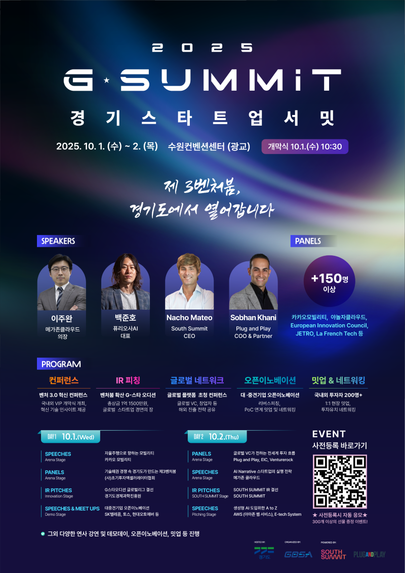 2025 G-SUMMIT 경기 스타트업 서밋  슬로건: 제 3번의 처브, 경기도에서 열어갑니다.  일시: 2025년 10월 1일(수) ~ 2일(목)  장소: 수원컨벤션센터(광교)  개막식: 10월 1일(수) 10:30  주요 연사 (Speakers) 이주완: 메가존클라우드 혁신 기술 총괄 이사  백준호: 퓨리오사AI 대표  Nacho Mateo: South Summit CEO  Sobhan Khani: Plug and Play COO & Partner  (이 외 카카오모빌리티, European Innovation Council 등 150명 이상의 연사 참여)  주요 프로그램 컨퍼런스 및 IR 피칭  벤처 3.0 혁신 컨퍼런스  벤처투자 혁신 G-스타 오디션  글로벌 경쟁형 쇼칭 컨퍼런스  대·중견기업 오픈이노베이션 쇼케이스  밋업 & 네트워킹  국내외 투자자 200명 이상 참여  1:1 현장 밋업 및 투자유치 네트워킹  세부 일정 DAY 1: 10월 1일(수)  연설: 자율주행으로 향하는 모빌리티 (카카오모빌리티)  패널 토론: 기술특례상장, 경기도 유니콘 재도약 발판 마련  IR 피칭: 경기도 경제과학진흥원  밋업: 대중견기업 오픈이노베이션 (SK텔레콤, 포스코 등)  DAY 2: 10월 2일(목)  패널 토론: 글로벌 VC가 점찍는 전세계 유망 스타트업  연설: AI Narrative 스토리텔링의 실행 전략 (플러그 앤 플레이)  IR 피칭: SOUTH SUMMIT in 경기도  연설: 생성형 AI 도입전략 A to Z (AWS, E-tech System)  (※ 이 외 다양한 강연, 데모데이, 밋업 등 진행)  이벤트 및 사전등록 포스터 내 QR코드를 통해 사전등록이 가능합니다. 사전등록 관람객을 대상으로 300만원 이상의 경품 증정 이벤트가 진행됩니다.