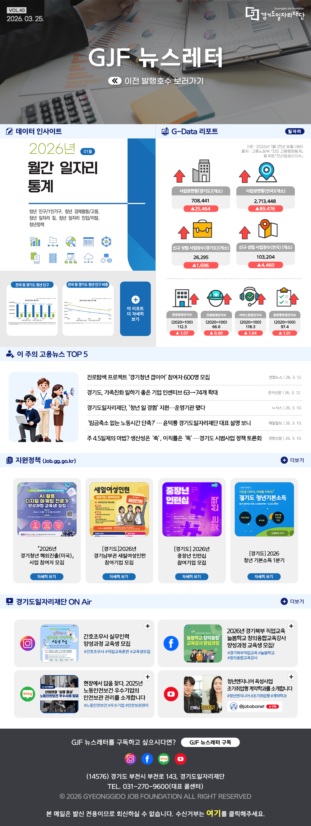 VOL.40
2026. 3. 25.
GJF 뉴스레터
이전 발행호수 보러가기

데이터 인사이트
2026년 1월 월간 일자리 통계

G-Data 리포트
일자리
기준: 2026년 1월 (전년 동월 대비) 
출처: 고용노동부「EIS 고용행정통계」, 통계청「전산업생산지수」

사업장현황(경기도)(개소) 708,441 ▲25,464
사업장현황(전국)(개소) 2,713,448 ▲89,476
신규 성립 사업장수(경기도)(개소) 26,295 ▲1,696
신규 성립 사업장수(전국)(개소) 103,204 ▲4,460

공공업생산지수 (2020=100) 112.3 ▲1.07%
건설업생산지수 (2020=100) 66.6 ▲0.90%
서비스업생산지수 (2020=100) 118.3 ▲1.04%
공공행정생산지수 (2020=100) 97.4 ▲1.01%

이 주의 고용뉴스 TOP 5
진로탐색 프로젝트 '경기청년 갭이어' 참여자 600명 모집
연합뉴스 2026. 3. 12.
경기도, 가족친화 일하기 좋은 기업 인센티브 63→74개 확대
전자신문 2026. 3. 12.
경기도일자리재단, '청년 일 경험' 지원...운영기관 됐다
뉴시스 2026. 3. 10.
'임금축소 없는 노동시간 단축?'...윤덕룡 경기도일자리재단 대표 설명 보니
매일일보 2026. 3. 10.
주 4.5일제의 마법? 생산성은 '쑥', 이직률은 '뚝'...경기도 시범사업 정책 토론회
경향신문 2026. 3. 10.

지원정책 (Job.gg.go.kr)
「2026년 경기청년 해외진출(미국)」 사업 참여자 모집
[경기도] 2026년 경기남부권 새일여성인턴 참여기업 모집
[경기도] 2026년 중장년 인턴십 참여기업 모집
[경기도] 2026 청년 기본소득 1분기

경기도일자리재단 ON Air
인스타그램 간호조무사 실무인력 양성과정 교육생 모집
페이스북 2026년 경기북부 직업교육 늘봄학교 창의융합교육강사 양성과정 교육생 모집!
블로그 현장에서 답을 찾다, 2025년 노동안전보건 우수기업의 아전보건 관리를 소개합니다
유튜브 청년엔지니어 육성사업 조기취업형 계약학과를 소개합니다

GJF 뉴스레터를 구독하고 싶으시다면? GJF 뉴스레터 구독
(14576) 경기도 부천시 부천로 143, 경기도일자리재단
TEL. 031-270-9600(대표 콜센터)
© 2026 GYEONGGIDO JOB FOUNDATION ALL RIGHT RESERVED
본 메일은 발신 전용이므로 회신하실 수 없습니다. 수신거부는 여기를 클릭해주세요.