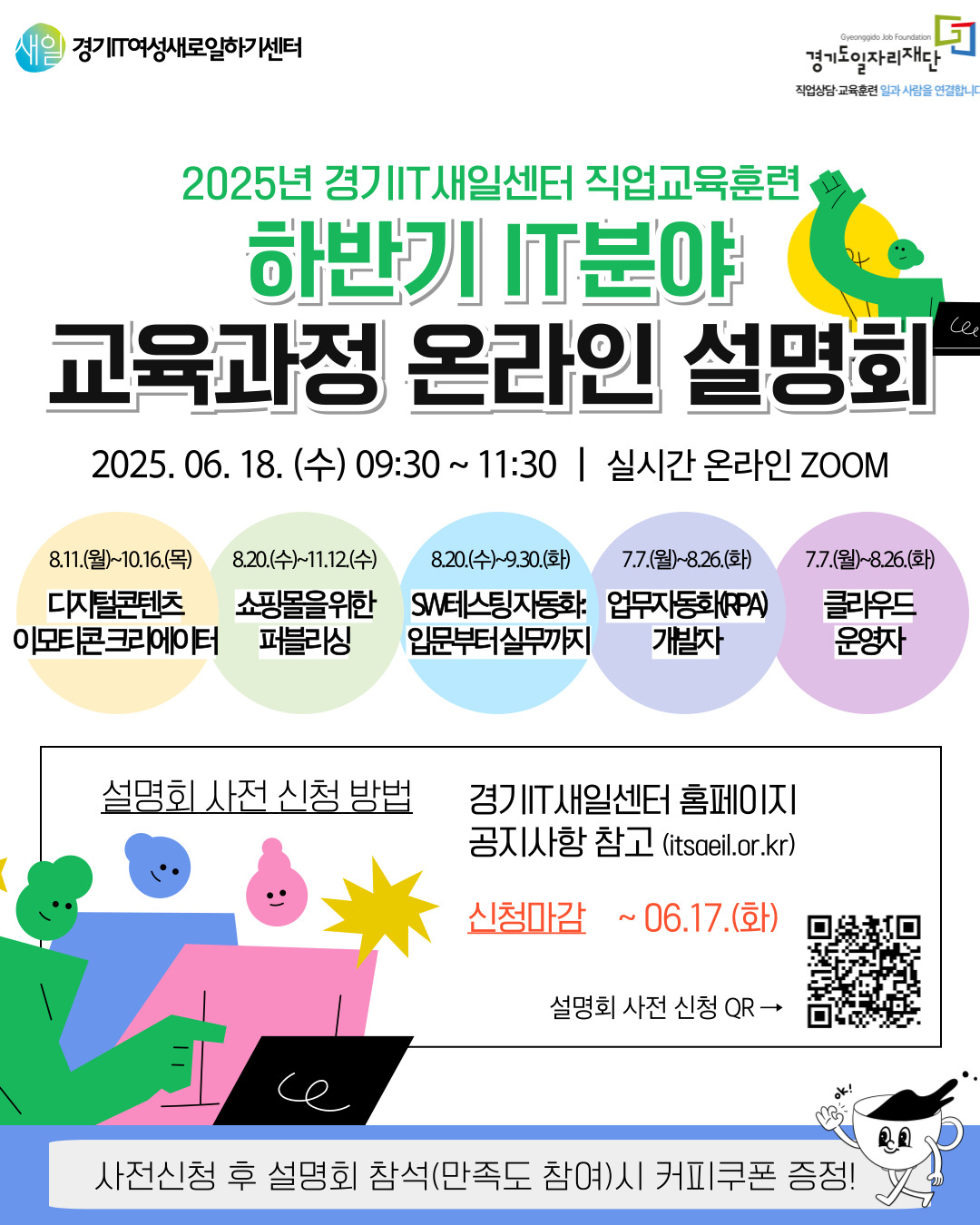 사일 경기여성새로일하기센터 Gyeonggido Job Foundation 경기도일자리재단 직업상담·교육훈련 일과 사람을 연결합니다 2025년 경기IT새일센터 직업교육훈련 하반기 IT분야 교육과정 온라인설명회 " 2025. 06. 18. (수) 09:30 ~ 11:30 | 실시간 온라인 ZOOM ce 8.11.(월)~10.16.(목) 디지털콘텐츠 8.20.(수)~11.12.(수) 이모티콘크리에이터 쇼핑몰을위한 퍼블리싱 8.20.(수)~9.30.(화) SW테스팅자동화 입문부터 실무까지 7.7.(월)~8.26.(화) 7.7.(월)~8.26.(화) 업무자동화(RPA) 개발자 클라우드 운영자 설명회 사전 신청 방법 경기IT새일센터 홈페이지 공지사항 참고 (itsaeil.or.kr) 신청마감~06.17.(화) 설명회 사전 신청 QR → се 사전신청 후 설명회 참석(만족도 참여)시 커피쿠폰 증정!