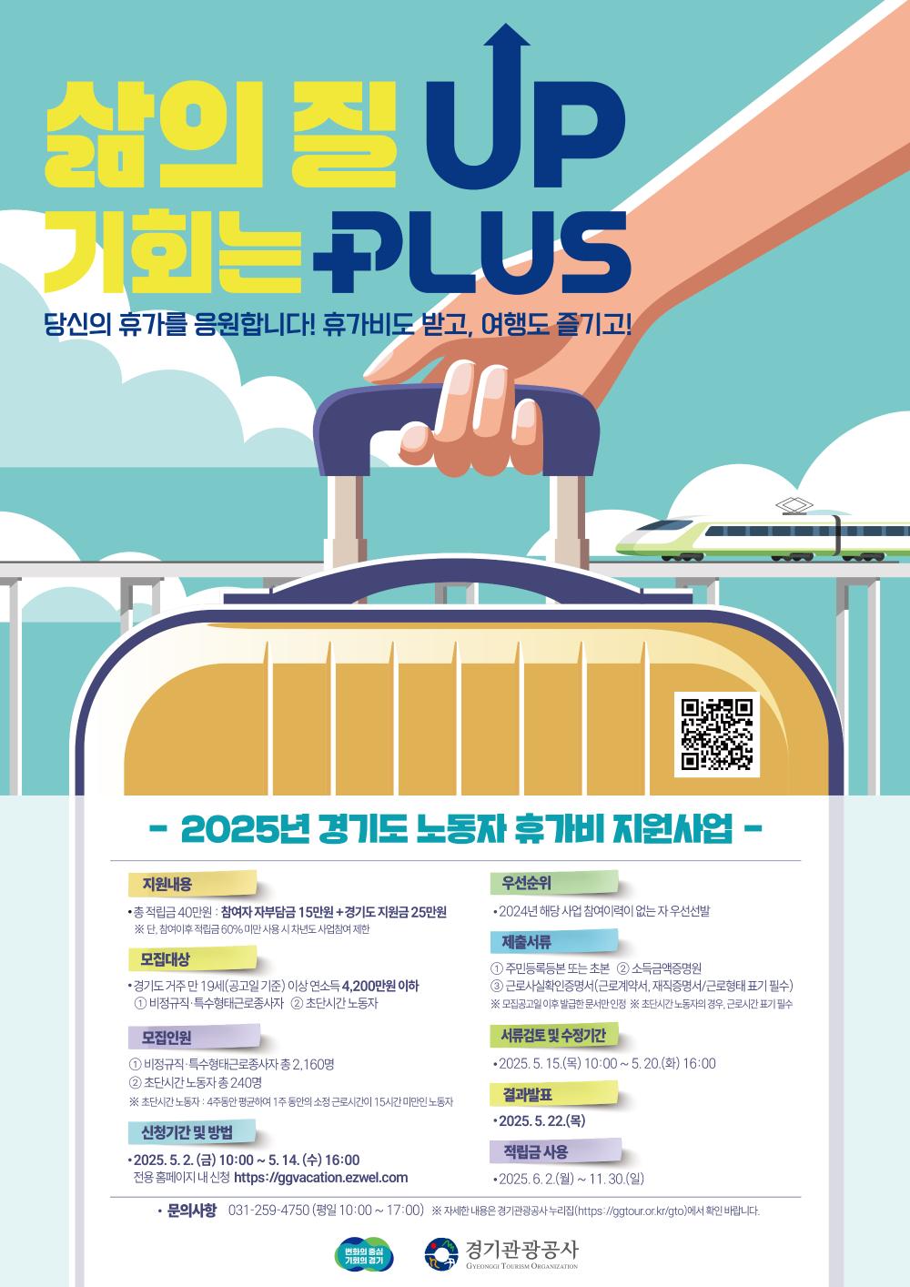 삶의 질 UP 기회는 PLUS 당신의 휴가를 응원합니다! 휴가비도 받고, 여행도 즐기고! - 2025년 경기도 노동자 휴가비 지원사업 - 지원내용 •총적립금 40만원 : 참여자자부담금 15만원+경기도지원금 25만원 ※ 단, 참여이후적립금 60% 미만 사용시 차년도 사업참여 제한 모집대상 •경기도 거주만 19세(공고일 기준) 이상연소득 4,200만원 이하 1 비정규직·특수형태근로종사자 2 초단시간노동자 모집인원 1 비정규직·특수형태근로종사자 총 2,160명 2 초단시간 노동자총 240명 ※ 초단시간노동자 : 4주동안 평균하여 1주 동안의 소정근로시간이 15시간 미만인 노동자 신청기간 및 방법 • 2025. 5. 2. (금) 10:00 ~ 5. 14. (수) 16:00 전용 홈페이지 내 신청 https://ggvacation.ezwel.com • 우선순위 •2024년 해당사업 참여이력이 없는자우선선발 제출서류 1 주민등록등본 또는 초본 2 소득금액증명원 3 근로사실확인증명서(근로계약서, 재직증명서/근로형태 표기 필수) ※ 모집공고일 이후 발급한 문서만 인정 ※ 초단시간 노동자의 경우, 근로시간표기 필수 서류검토 및 수정기간 •2025.5. 15.() 10:00~5.20.(H) 16:00 결과발표 •2025. 5. 22.() 적립금사용 •2025.6.2.(월) ~ 11.30.(일) 문의사항 031-259-4750 (평일 10:00~17:00) ※ 자세한 내용은 경기관광공사 누리집(https://ggtour.or.kr/gto)에서 확인 바랍니다. 변화의 중심 기회의 경기 M 경기관광공사 GYEONGGI TOURISM ORGANIZATION