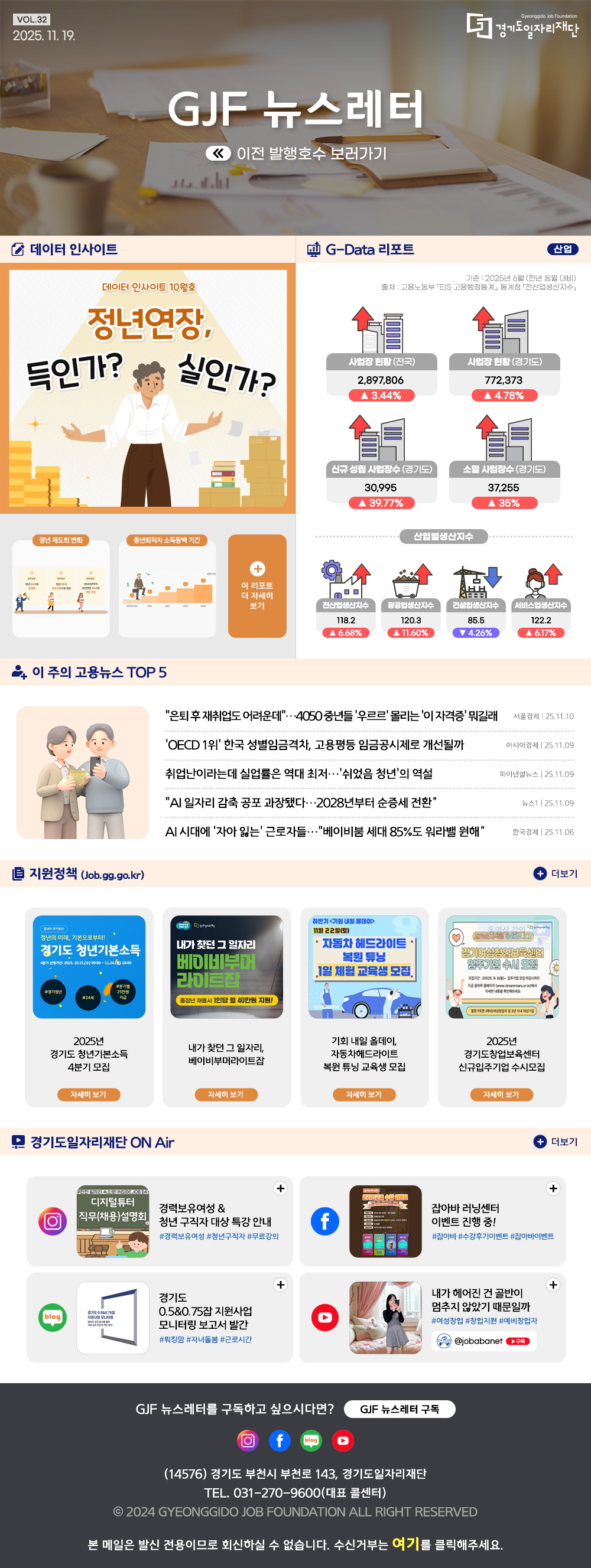 VOL.32 2025. 11. 19. GJF 뉴스레터 이전 발행호수 보러가기  데이터 인사이트 정년연장, 득인가? 실인가?  G-Data 리포트 일자리 기준: 2025년 6월 (전년 동월 대비)  출처: 고용노동부 「EIS 고용행정통계」, 통계층 「전산업생산지수」  사업장 현황(전국) 2,897,806 ▲ 3.44% 사업장 현황(경기도) 772,373 ▲ 4.78% 신규 성립 사업장수(경기도) 30,995 ▲39.77% 소멸 사업장 수(경기도) 37,255 ▲35%  산업별 생산지수 전산업생산지수 118.2 ▲6.68% 광공업생산지수 120.3 ▲11.60% 건설업 생산지수 85.5 ▼4.26% 서비스업생산지수 122.2  ▲6.17%  이 주의 고용뉴스 TOP 5 "은퇴 후 재취업도 어려운데" 4050 중년들 우르르 몰리는 이 자격증 뭐길래 서울경제 25.11.10 OECD 1위 한국 성별임금격차, 고용평등 임금공시제로 개선될까 아시아경제 25.11.09 취업난이라는데 실업률은 역대 최저 '쉬었음 청년'의 역설 파이낸셜뉴스 25.11.09 AI일자리 감축 공포 과장됐다. 2028년부터 순증세 전환 뉴스1 25.11.09 AI시대에 자아 잃는 근로자들 베이비붐 세대 85%도 워라밸 원해 한국경제 25.11.06  지원정책 (Job.gg.go.kr) 경기도 청년기본소득 내가 찾던 그 일자리 베이비부머라이트잡 자동차헤드라이트 복원튜닝 1일체험 교육생 모집 경기여성창업보육센터 입주기업 수시 모집  경기도일자리재단 ON Air 인스타그램 경력보유여성&청년구직자대상 특강 안내 페이스북 잡아바러닝센터 이벤트 진행중 블로그 경기도 0.5&0.75잡 지원사업 모니터링 보고서 발간 유튜브 내가 헤어진건 골반이 멈추지 않았기 때문일까  GJF 뉴스레터를 구독하고 싶으시다면? GJF 뉴스레터 구독 (14576) 경기도 부천시 부천로 143, 경기도일자리재단 TEL. 031-270-9600(대표 콜센터) © 2024 GYEONGGIDO JOB FOUNDATION ALL RIGHT RESERVED 본 메일은 발신 전용이므로 회신하실 수 없습니다. 수신거부는 여기를 클릭해주세요.