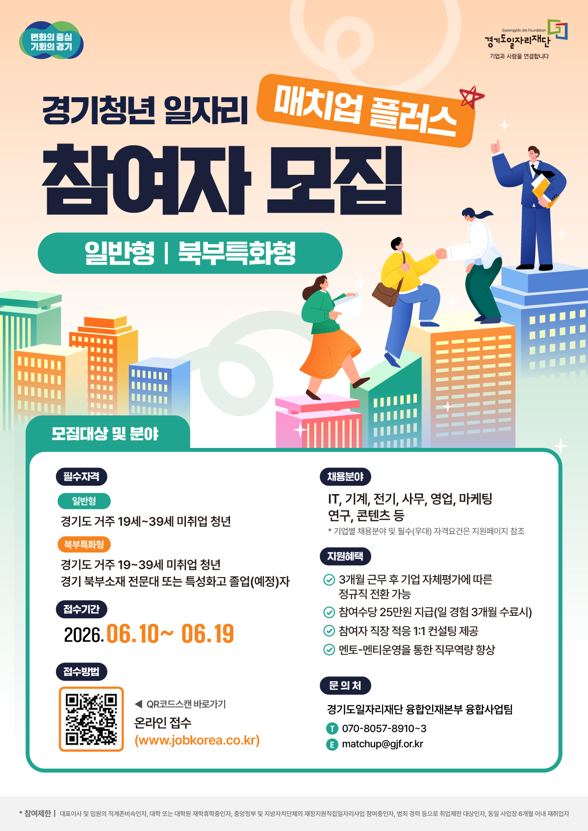 변화의 중심 기회의 경기 Gyeonggido Job Foundation 경기도일자리재단 기업과 사람을 연결합니다 경기청년 일자리 매치업 플러스 참여자 모집 일반형 | 북부특화형 모집대상 및 분야 필수자격 일반형 경기도 거주 19세~39세 미취업 청년 북부특화형 경기도 거주 19세~39세 미취업 청년 경기 북부소재 전문대 또는 특성화고 졸업(예정)자 채용분야 IT, 기계, 전기, 사무, 영업, 마케팅 연구, 콘텐츠 등 * 기업별 채용분야 및 필수(우대) 자격요건은 지원페이지 참조 지원혜택 3개월 근무 후 기업 자체평가에 따른 정규직 전환 가능 참여수당 25만원 지급(일 경험 3개월 수료시) 참여자 직장 적응 1:1 컨설팅 제공 멘토-멘티운영을 통한 직무역량 향상 접수기간 2026.06.10 ~ 06.19 접수방법 QR코드스캔 바로가기 온라인 접수 (www.jobkorea.co.kr) 문의처 경기도일자리재단 융합인재본부 융합사업팀 T 070-8057-8910~3 E matchup@gjf.or.kr * 참여제한 | 대표이사 및 임원의 직계존비속인자, 대학 또는 대학원 재학·휴학중인자, 중앙정부 및 지방자치단체의 재정지원직접일자리사업 참여중인자, 범죄 경력 등으로 취업제한 대상인자, 동일 사업장 6개월 이내 재취업자