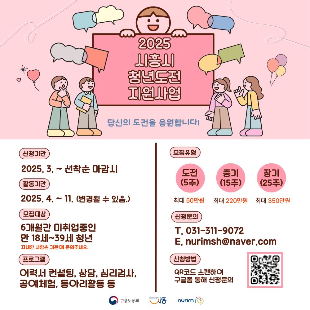 2025 시흥시 청년도전 지원사업 당신의 도전을 응원합니다! 신청기간 2025.3. ~ 선착순 마감시 모집유형 도전 (5주) 최대 50만원 중기 (15주) 최대 220만원 장기 (25주)  최대 350만원 활동기간 2025.4.~11. (변경될 수 있음.) 모집대상 6개월간 미취업중인 만18세~39세 청년 공예체험, 동아리활동 등 등 자세한 사항은 기관에 문의주세요. 프로그램 이력서 컨설팅, 상담, 심리검사, 신청문의 T. 031-311-9072 E. nurimsh@naver.com 신청방법 QR코드 스캔하여 + 구글폼 통해 신청문의 SIHEUNG CITY 고용노동부 nurim