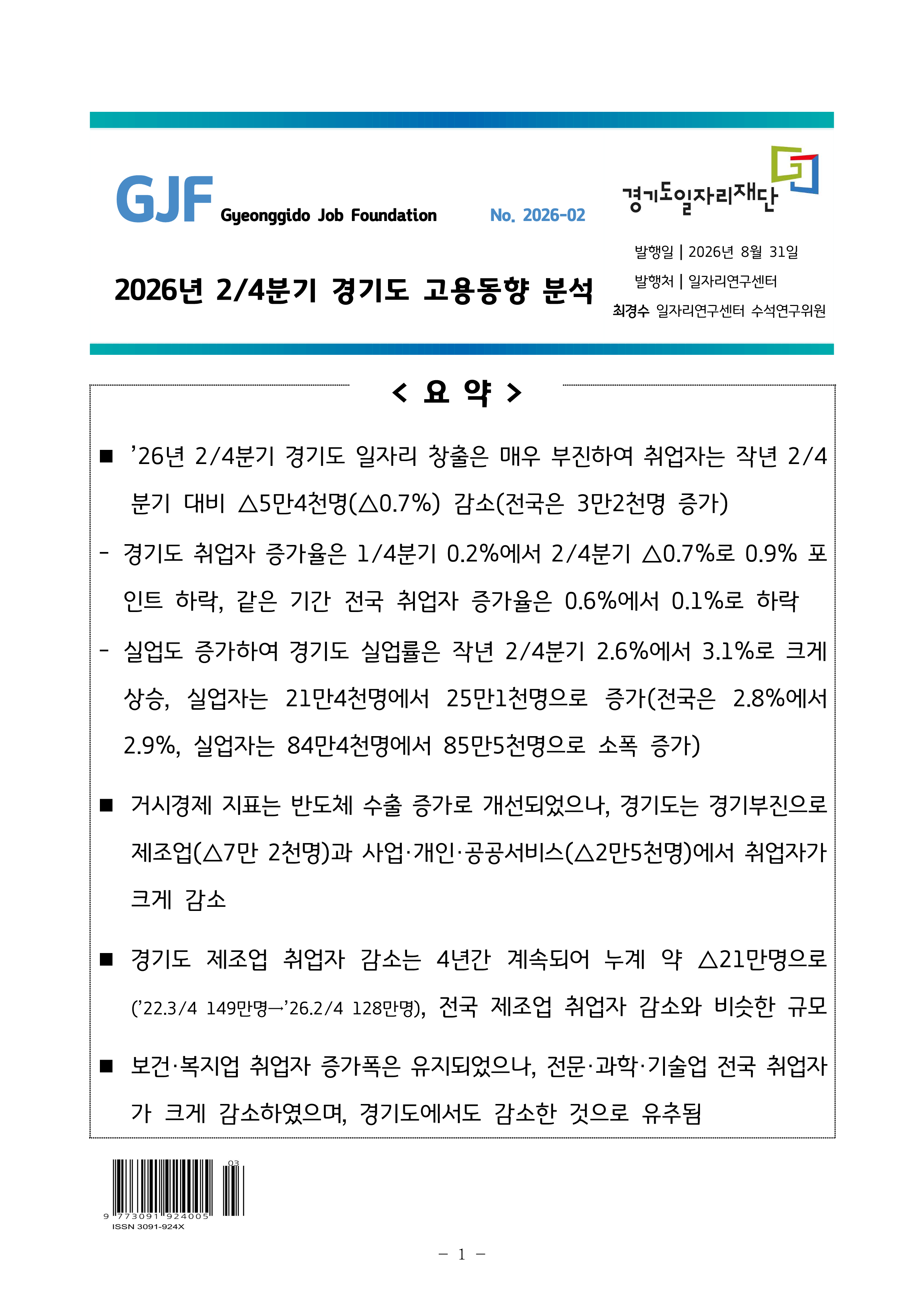 GJF Gyeonggido Job Foundation, No. 2026-02 2026년, 2/4분기 경기도 고용동향 분석, 경기도일자리재단, 발행일│2026년 8월 31일, 발행처│일자리연구센터, 최경수 일자리연구센터 수석연구위원 <요약> ■ ’26년 2/4분기 경기도 일자리 창출은 매우 부진하여 취업자는 작년 2/4분기 대비 △5만4천명(△0.7%) 감소(전국은 3만2천명 증가) - 경기도 취업자 증가율은 1/4분기 0.2%에서 2/4분기 △0.7%로 0.9% 포인트 하락, 같은 기간 전국 취업자 증가율은 0.6%에서 0.1%로 하락 - 실업도 증가하여 경기도 실업률은 작년 2/4분기 2.6%에서 3.1%로 크게 상승, 실업자는 21만4천명에서 25만1천명으로 증가(전국은 2.8%에서 2.9%, 실업자는 84만4천명에서 85만5천명으로 소폭 증가) ■ 거시경제 지표는 반도체 수출 증가로 개선되었으나, 경기도는 경기부진으로 제조업(△7만 2천명)과 사업·개인·공공서비스(△2만5천명)에서 취업자가 크게 감소 ■ 경기도 제조업 취업자 감소는 4년간 계속되어 누계 약 △21만명으로  (’22.3/4 149만명→’26.2/4 128만명), 전국 제조업 취업자 감소와 비슷한 규모 ■ 보건·복지업 취업자 증가폭은 유지되었으나, 전문·과학·기술업 전국 취업자가 크게 감소하였으며, 경기도에서도 감소한 것으로 유추됨 9773009192400503 ISSN 3091-924X