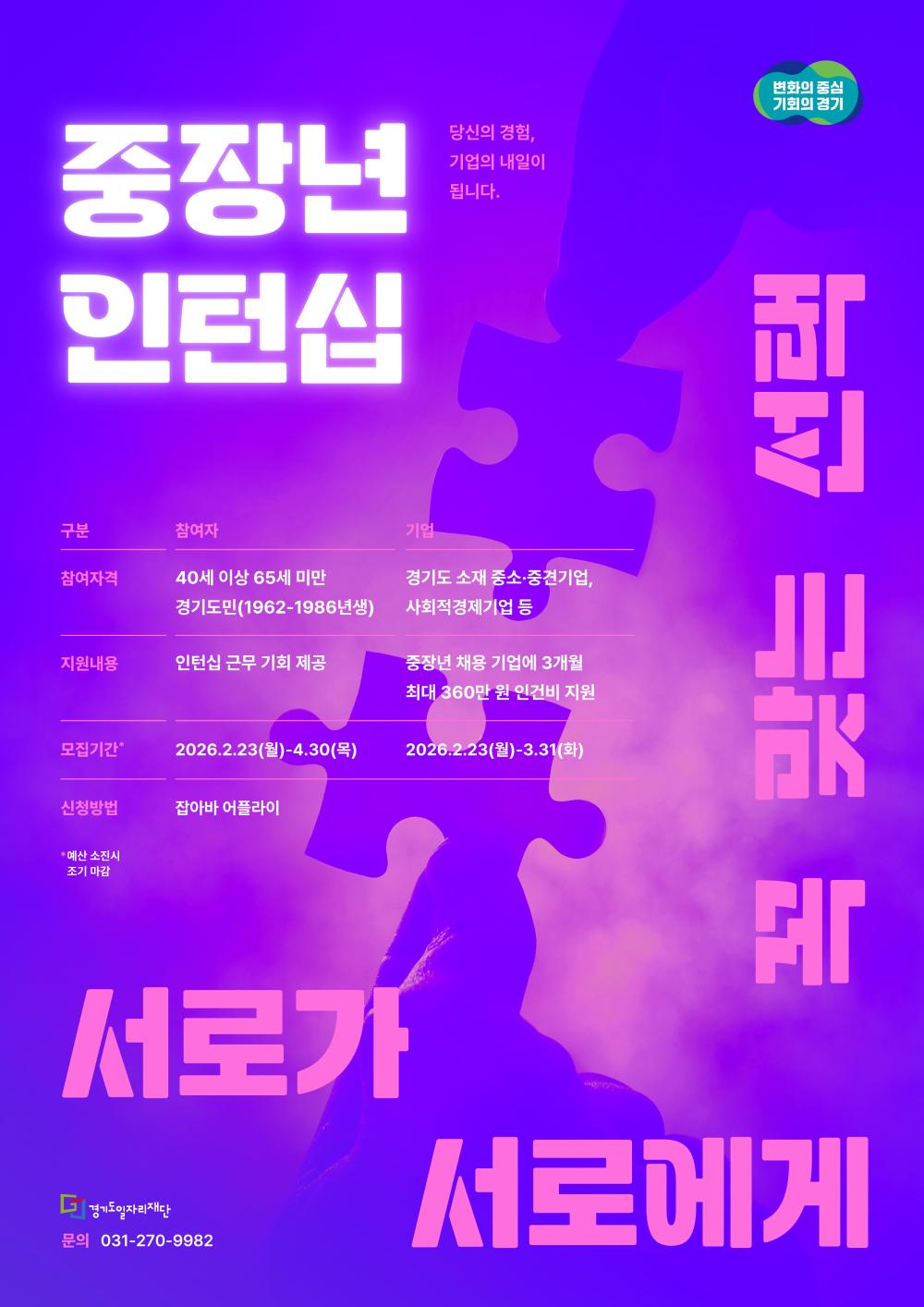 중장년 인턴십"당신의 경험, 기업의 내일이 됩니다."모집 상세 내용구분참여자 (개인)기업참여자격40세 이상 65세 미만 경기도민(1962~1986년생)경기도 소재 중소·중견기업, 사회적경제기업 등지원내용인턴십 근무 기회 제공중장년 채용 기업에 3개월 최대 360만 원 인건비 지원모집기간*2026.2.23(월) ~ 4.30(목)2026.2.23(월) ~ 3.31(화)신청방법잡아바 어플라이잡아바 어플라이