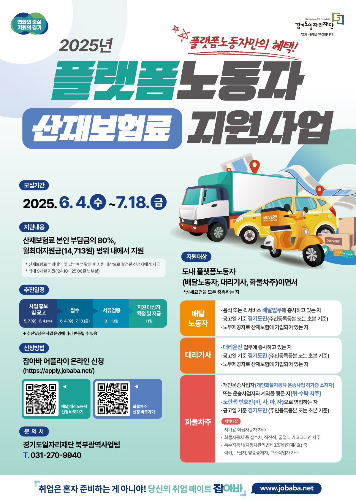 2025년 플랫폼 노동자 산재보험료 지원사업 모집기간 2025.6.4.수~ 7.18.금 지원내용 산재보험료 본인부담금의 80% 월최대지원금(14,713원) 범위 내에서 지원 *산재보험료부과내역 및 납부여부 확인 후 지원 대상으로 결정된 신청자에게 지급 *최대 9개월 지원*'24.10~'25.06 납부분) 문의처 경기도일자리재단 북부광역사업팀 031-270-9940