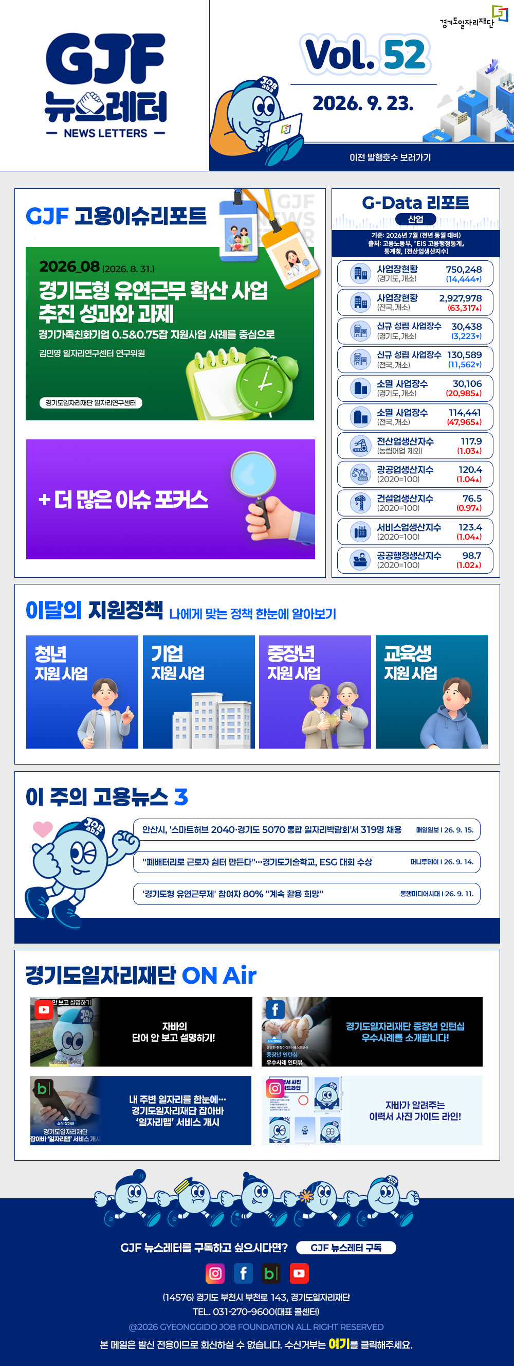 VOL.52
2026. 9. 23.
GJF 뉴스레터
이전 발행호수 보러가기

GJF 고용이슈리포트
2026_08 (2026. 8. 31.)
경기도형 유연근무 확산 사업 추진 성과와 과제
경기가족친화기업 0.5&0.75잡 지원사업 사례를 중심으로
김민영 일자리연구센터 연구위원

+ 더 많은 이슈 포커스

G-Data 리포트
산업
기준: 2026년 7월 (전년 동월 대비)
출처: 고용노동부,「EIS 고용행정통계」, 통계청,「전산업생산지수」

사업장현황 (경기도, 개소) 750,248 (14,444▼)
사업장현황 (전국, 개소) 2,927,978 (63,317▲)
신규 성립 사업장수 (경기도, 개소) 30,438 (3,223▼)
신규 성립 사업장수 (전국, 개소) 130,589 (11,562▼)
소멸 사업장수 (경기도, 개소) 30,106 (20,985▲)
소멸 사업장수 (전국, 개소) 114,441 (47,965▲)
전산업생산지수 (농림어업 제외) 117.9 (1.03▲)
광공업생산지수 (2020=100) 120.4 (1.04▲)
건설업생산지수 (2020=100) 76.5 (0.97▲)
서비스업생산지수 (2020=100) 123.4 (1.04▲)
공공행정생산지수 (2020=100) 98.7 (1.02▲)

이달의 지원정책
나에게 맞는 정책 한눈에 알아보기
청년 지원사업 기본을 더하다, 미래를 더하다! 경기도 청년기본소득
기업 지원사업 2026년 외국인 채용기업 컨설팅 지원
중장년 지원사업 2026년 중장년 인턴십 참여 근로자 등록
교육생 지원사업 포트폴리오 UP 교육생 모집

이 주의 고용뉴스 3
안산시, '스마트허브 2040·경기도 5070 통합 일자리박람회'서 319명 채용
매일일보 26. 9. 15.
폐배터리로 근로자 쉼터 만든다…경기도기술학교, ESG 대회 수상
머니투데이 26. 9. 14.
'경기도형 유연근무제' 참여자 80% 계속 활용 희망
동행미디어시대 26. 9. 11.

경기도일자리재단 ON Air
유튜브 자바의 단어 안 보고 설명하기!
페이스북 경기도일자리재단 중장년 인턴십 우수사례를 소개합니다!
블로그 내 주변 일자리를 한눈에…경기도일자리재단 잡아바 '일자리맵' 서비스 개시
인스타그램 자바가 알려주는 이력서 사진 가이드 라인!

GJF 뉴스레터를 구독하고 싶으시다면? GJF 뉴스레터 구독
(14576) 경기도 부천시 부천로 143, 경기도일자리재단
TEL. 031-270-9600(대표 콜센터)
© 2026 GYEONGGIDO JOB FOUNDATION ALL RIGHT RESERVED
본 메일은 발신 전용이므로 회신하실 수 없습니다. 수신거부는 여기를 클릭해주세요.