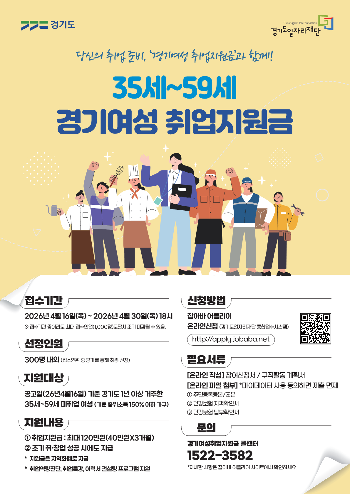 제공해주신 '2026 경기여성 취업지원금' 포스터의 주요 텍스트를 추출하여 정리해 드립니다.  [2026 경기여성 취업지원금] "당신의 취업 준비, '경기여성 취업지원금'과 함께!"  1. 접수 기간 2026년 4월 16일(목) ~ 2026년 4월 30일(목) 18시  ※ 접수 기간 중이라도 최대 접수인원(1,000명) 도달 시 조기 마감될 수 있습니다.  2. 선정 인원 300명 내외 (접수인원 중 평가를 통해 최종 선정)  3. 지원 대상 공고일(2026년 4월 16일) 기준 경기도 1년 이상 거주한 35세~59세 미취업 여성  기준 중위소득 150% 이하 가구  4. 지원 내용 취업지원금: 최대 120만 원 (40만 원 × 3개월)  조기 취·창업 성공 시에도 지급  지급 수단: 지역화폐로 지급  기타 지원: 취업역량진단, 취업특강, 이력서 컨설팅 프로그램 지원  5. 신청 방법 잡아바 어플라이 온라인 신청 (경기도일자리재단 통합접수시스템)  URL: http://apply.jobaba.net  6. 필요 서류 [온라인 작성] 참여신청서, 구직활동 계획서  [온라인 파일 첨부] 마이데이터 사용 동의 시 제출 면제  주민등록등본/초본  건강보험 자격확인서  건강보험 납부확인서  7. 문의처 경기여성취업지원금 콜센터: 1522-3582  자세한 사항은 '잡아바 어플라이' 사이트에서 확인하세요.