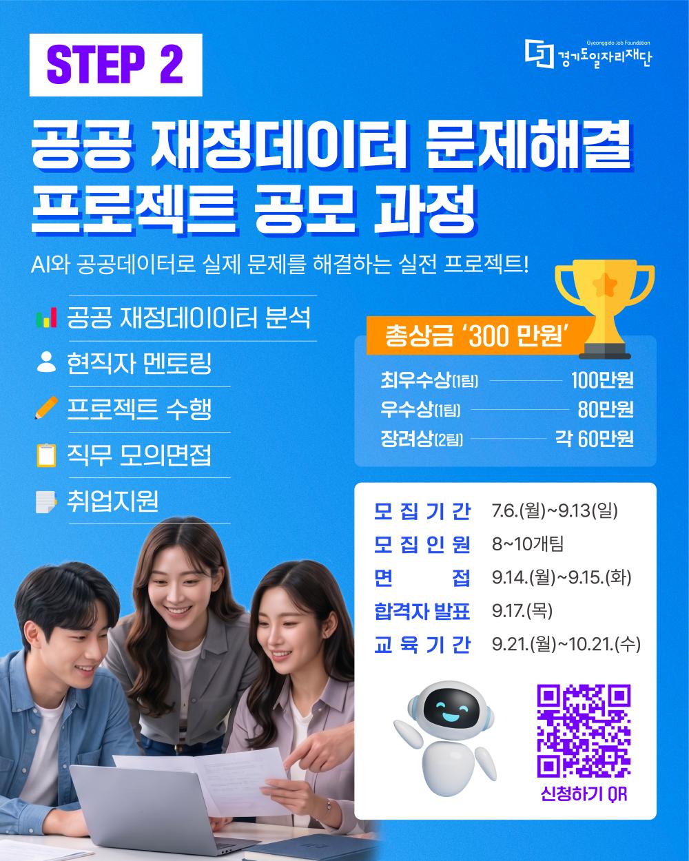 STEP 2  공공 재정데이터 문제해결 프로젝트 공모 과정  AI와 공공데이터로 실제 문제를 해결하는 실전 프로젝트!  공공 재정데이터 분석  현직자 멘토링  프로젝트 수행  직무 모의면접  취업지원  총상금 '300만원'  최우수상(1팀) 100만원  우수상(1팀) 80만원  장려상(2팀) 각 60만원  모집 기간 7.6.(월)~9.13.(일)  모집 인원 8~10개팀  면접 9.14.(월)~9.15.(화)  합격자 발표 9.17.(목)  교육 기간 9.21.(월)~10.21.(수)  신청하기 QR  경기도일자리재단  Gyeonggido Job Foundation